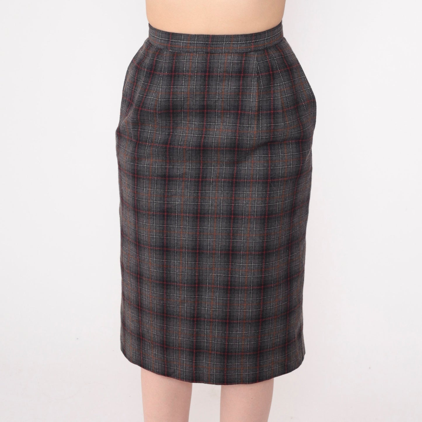 80s Peabody House Plaid Pencil Skirt High Waisted Knee Length Grey Black Red Extra Small