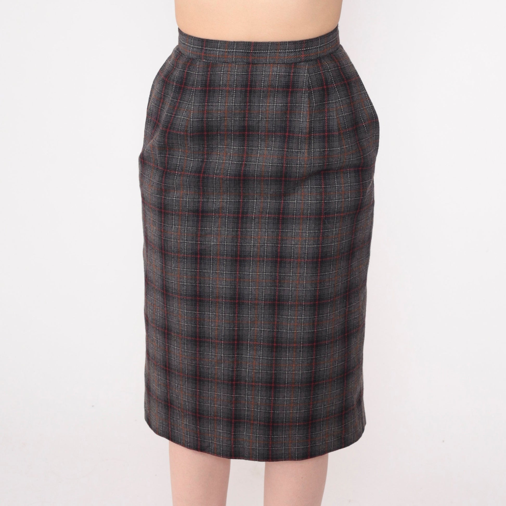 80s Peabody House Plaid Pencil Skirt High Waisted Knee Length Grey Black Red Extra Small