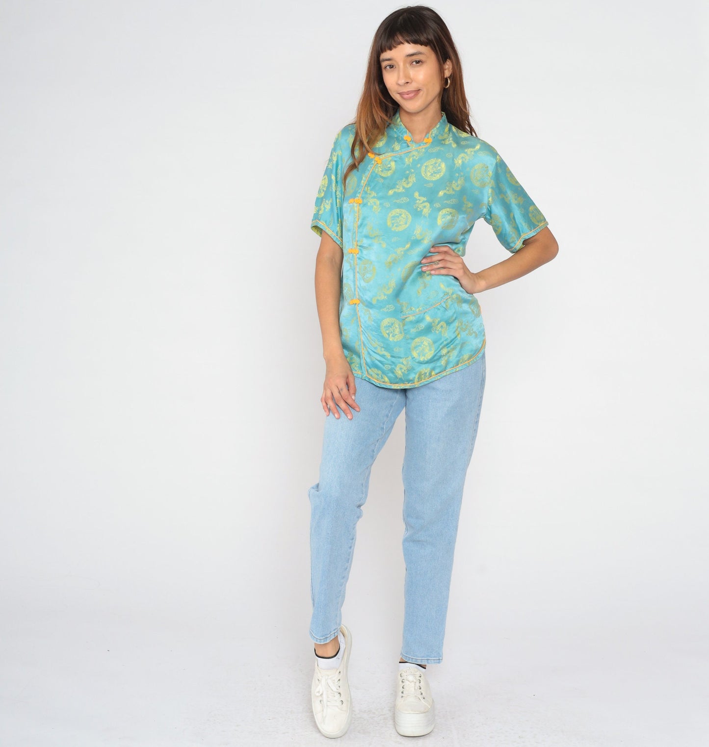 80s Cheongsam Blouse Blue Dragon Medallion Mandarin Collar Frog Button Medium