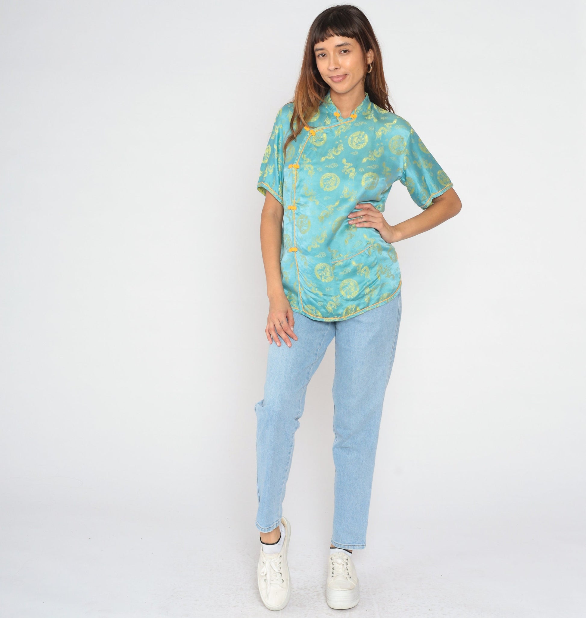 80s Cheongsam Blouse Blue Dragon Medallion Mandarin Collar Frog Button Medium