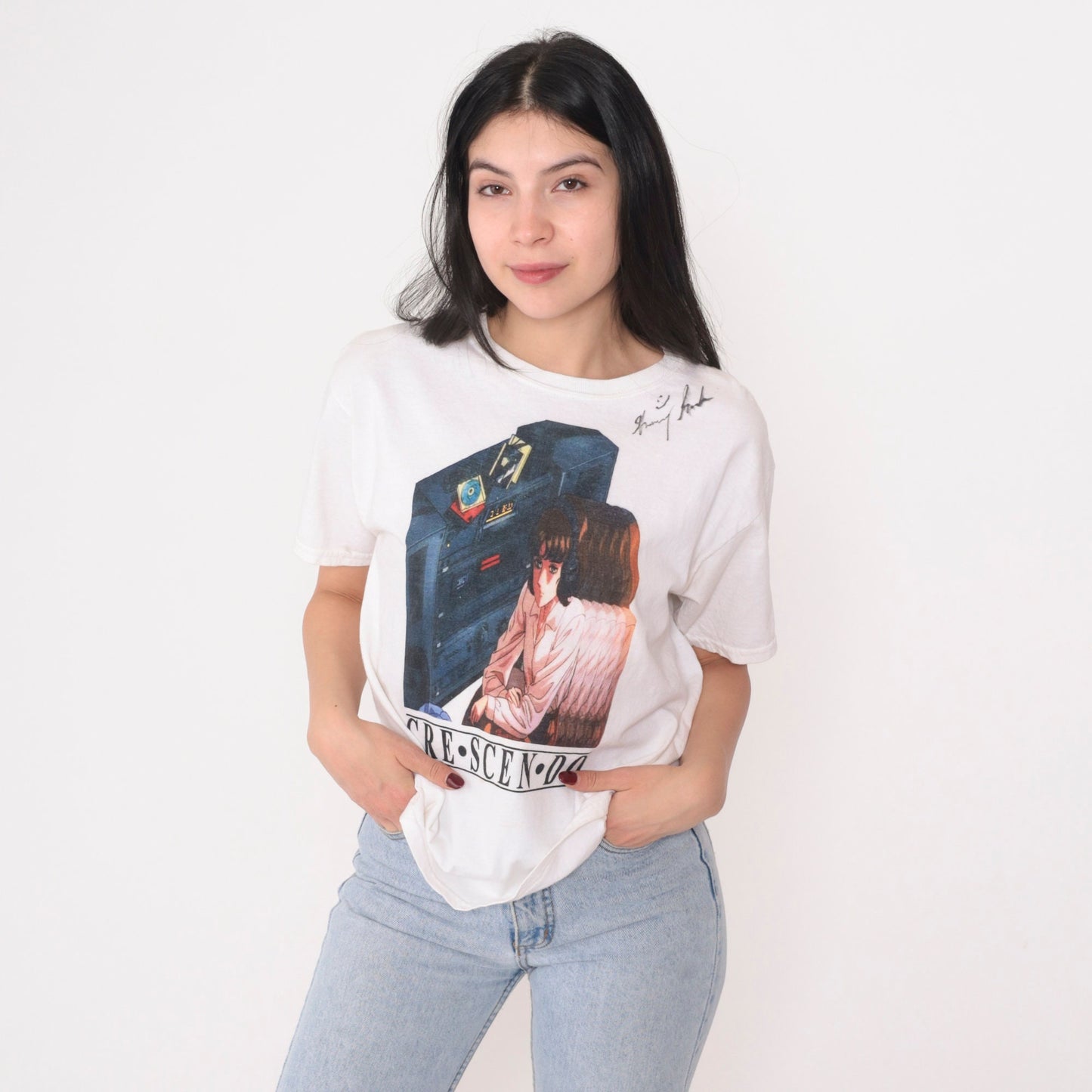 90s Neon Genesis Evangelion Graphic T-Shirt White Autographed Anime Tee Small