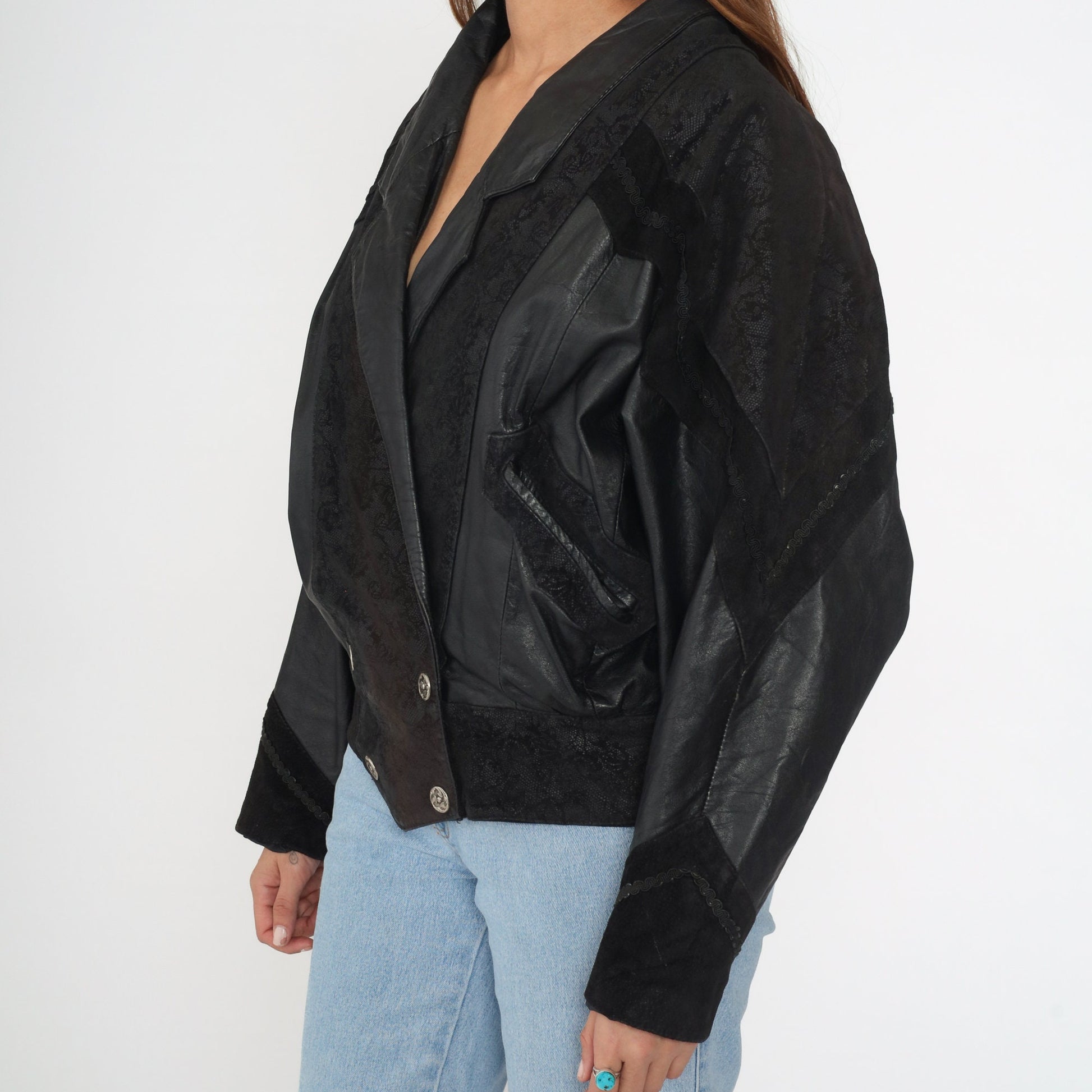 90s G-III Black Leather Jacket Notch Lapel Buttoned Medium