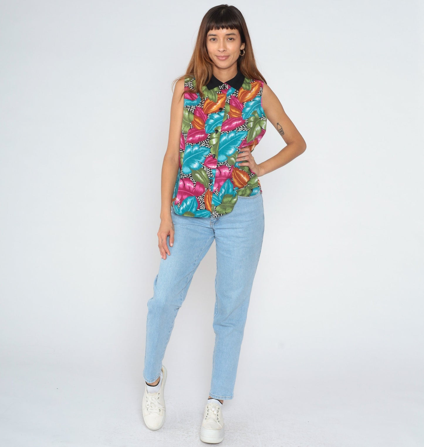 90s Tropical Leaf Print Button-Up Tank Top Collared Blouse Large L