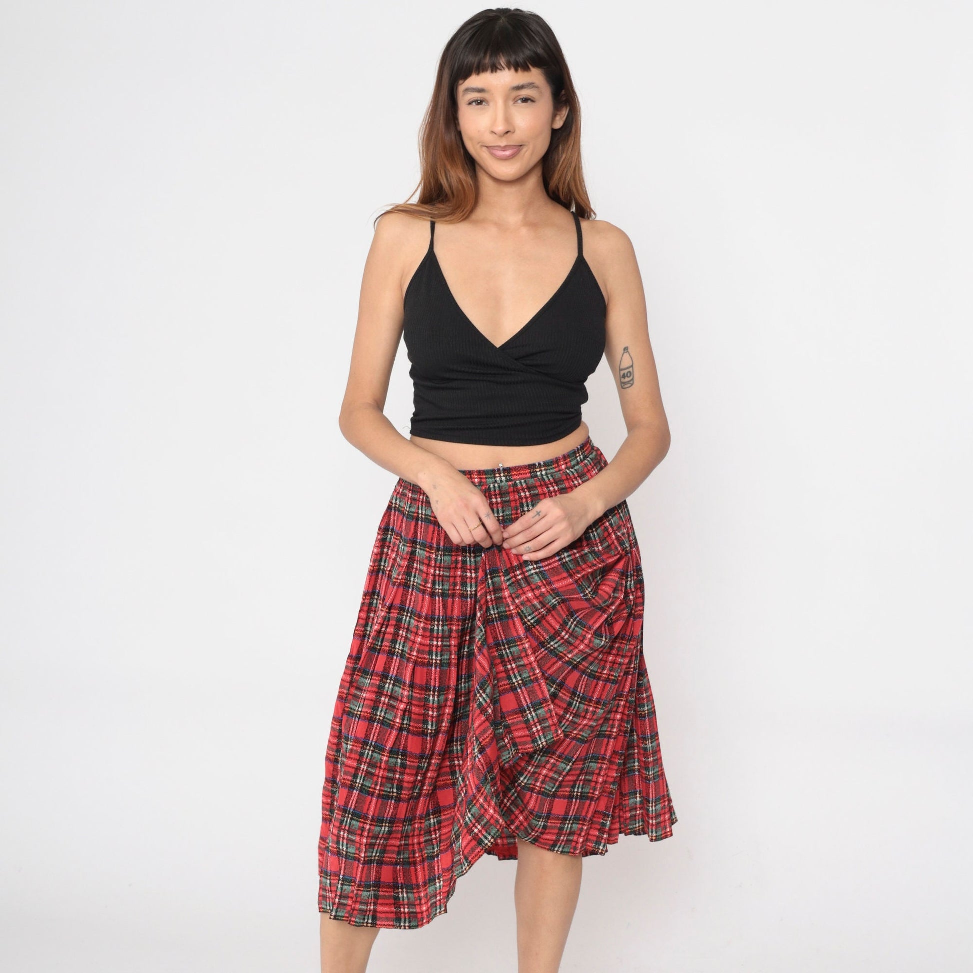 80s Red Plaid Silk Midi Skirt Pleated High Waist Small