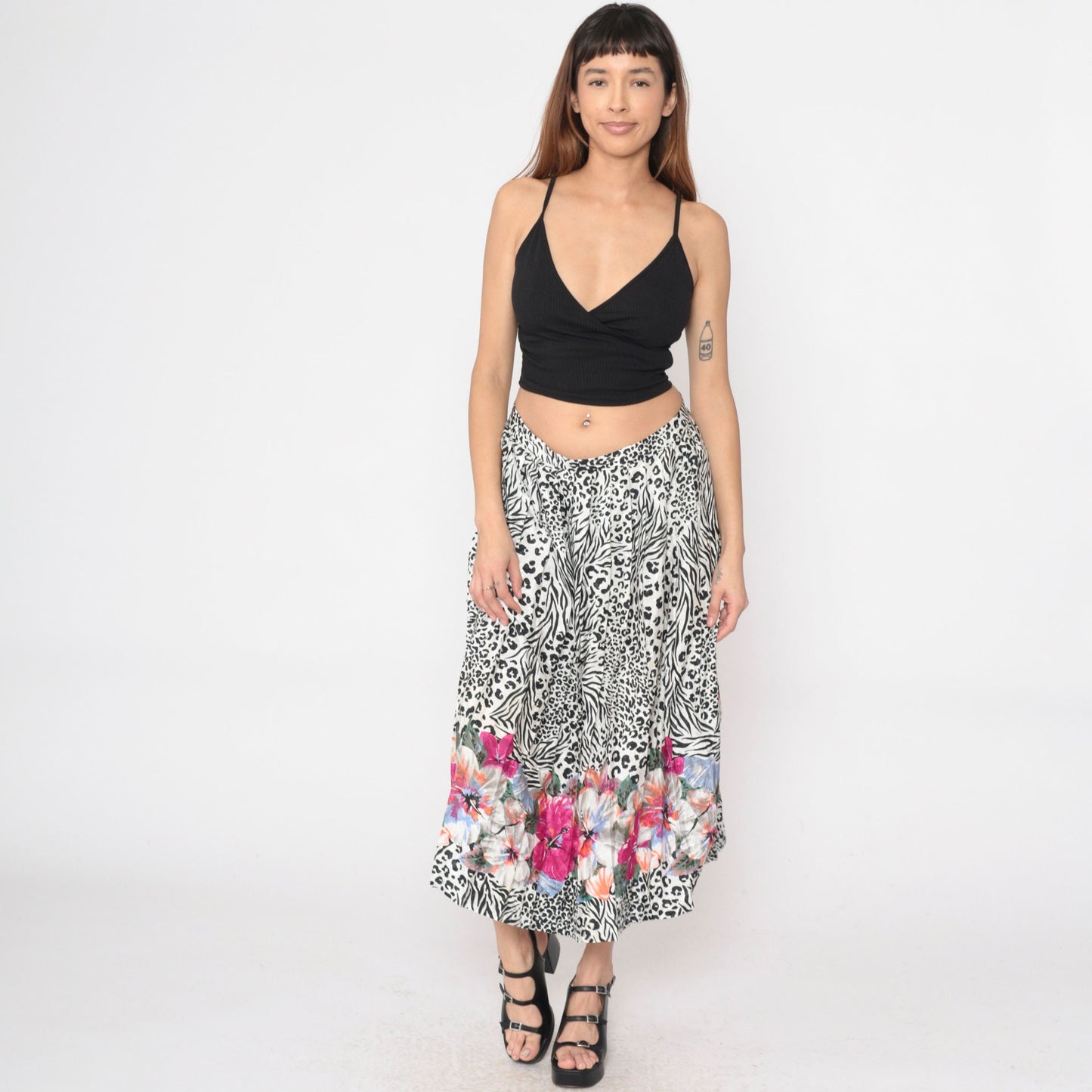 80s Leopard Zebra Floral Embossed Pleated Midi Skirt High Waist Black White Large