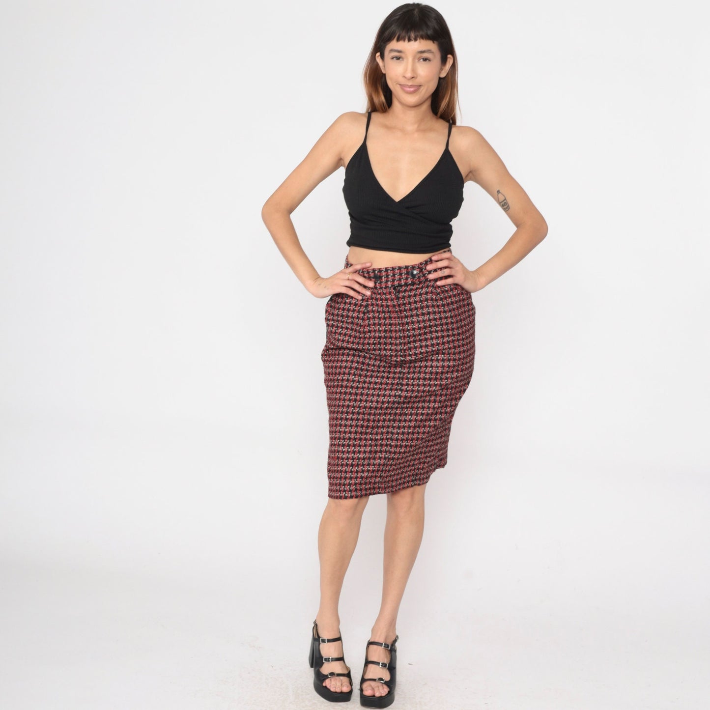 80s Diane von Furstenberg Houndstooth Pencil Skirt High Waisted Black Red White Small