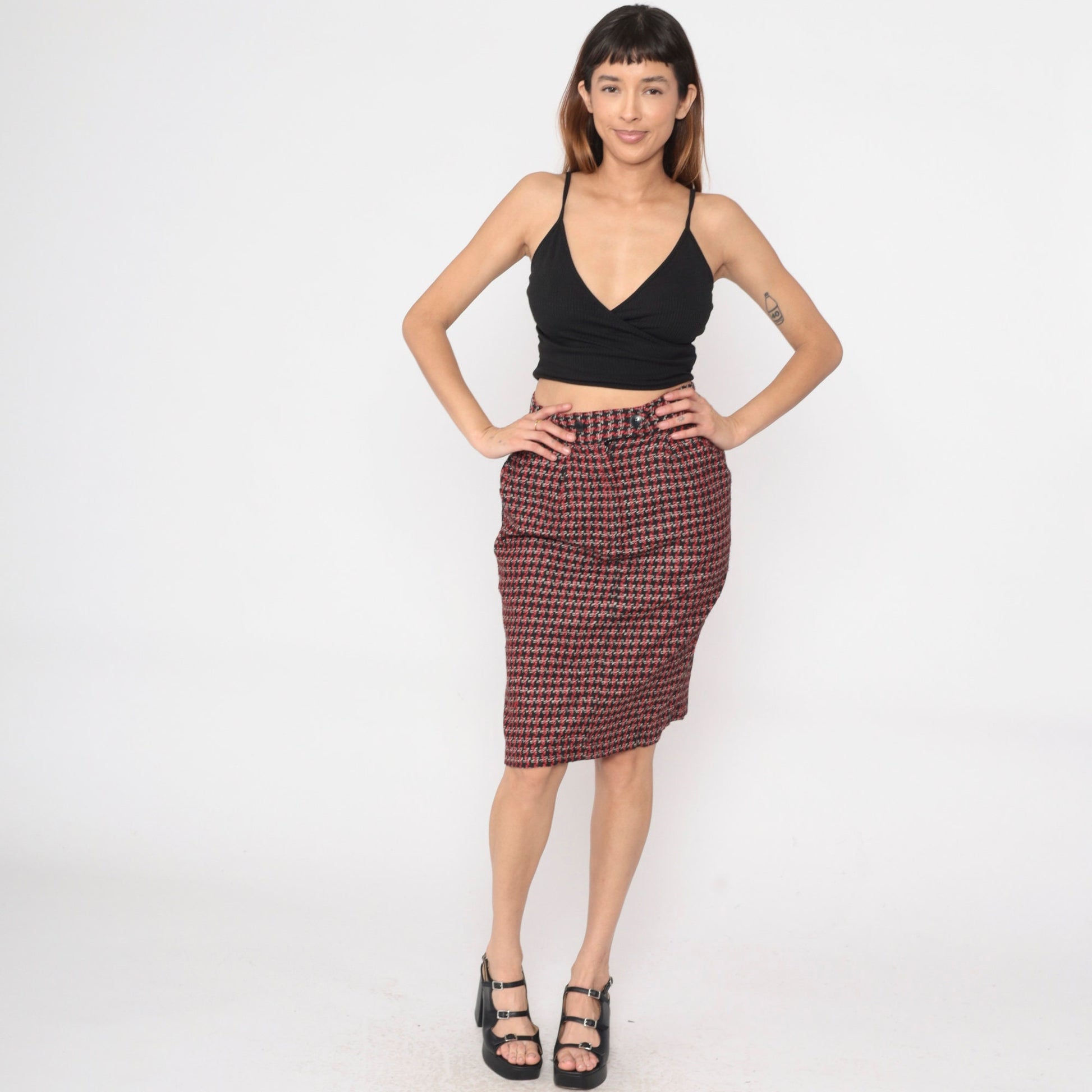 80s Diane von Furstenberg Houndstooth Pencil Skirt High Waisted Black Red White Small
