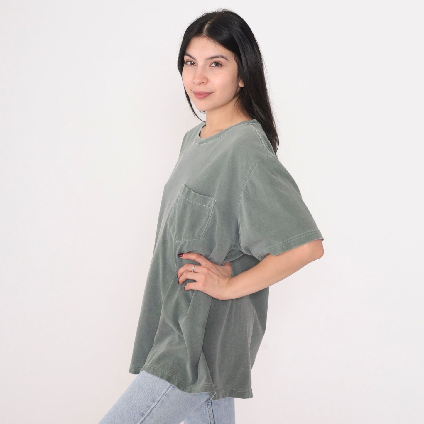 Y2K Green Pocket T-Shirt Cotton Plain Crewneck 00s Vintage Extra Large XL