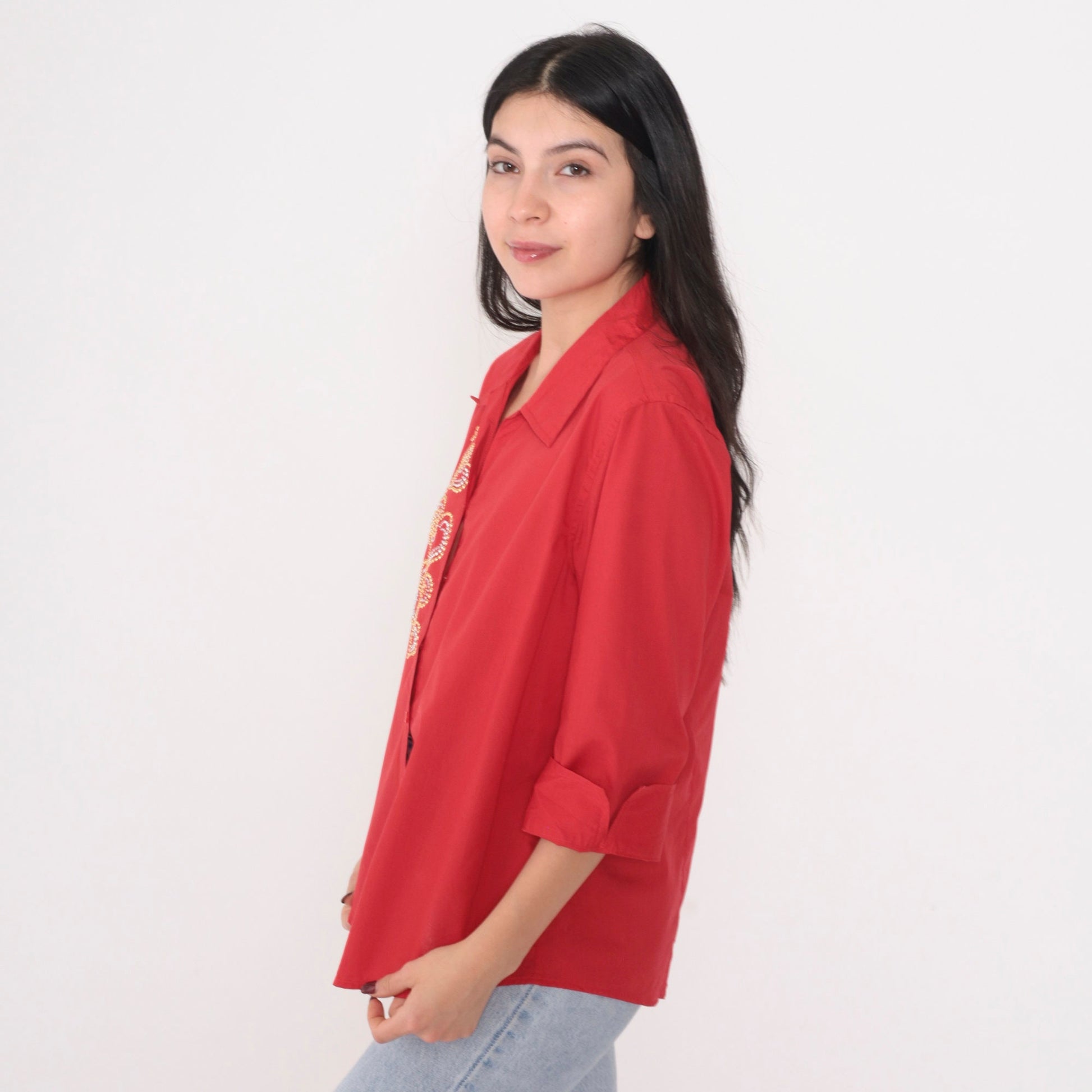 90s Red Studded Heart Button-Up Blouse Gold Silver Studs 3/4 Sleeve Medium M