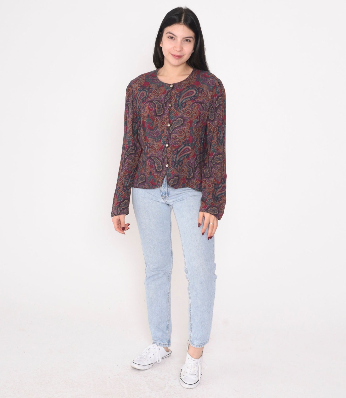 90s Maggy London Paisley Button-Up Blouse Long Sleeve Red Purple Green Large Petite
