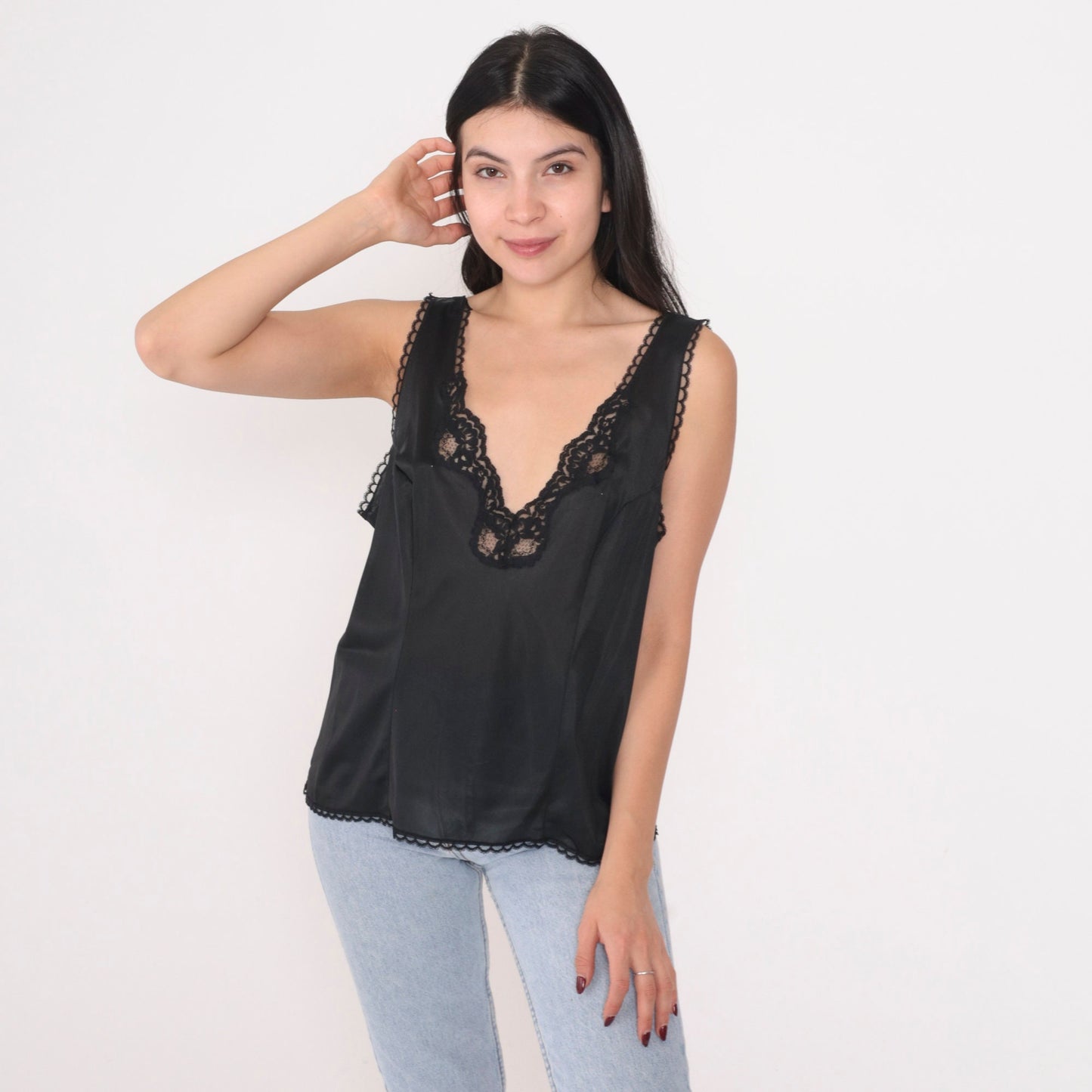70s Black Lace Camisole V-Neck Tank Top Lingerie Extra Large