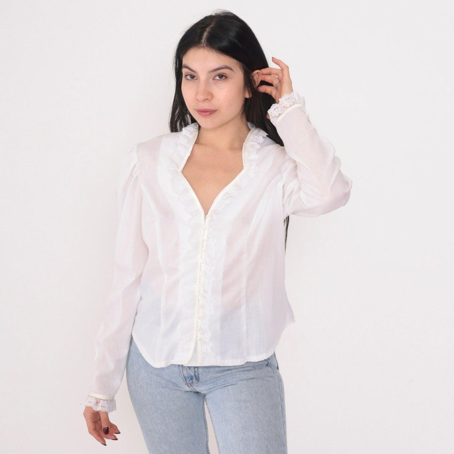 80s White Semi-Sheer Button-Up Blouse Lace Trim Puff Sleeve Medium