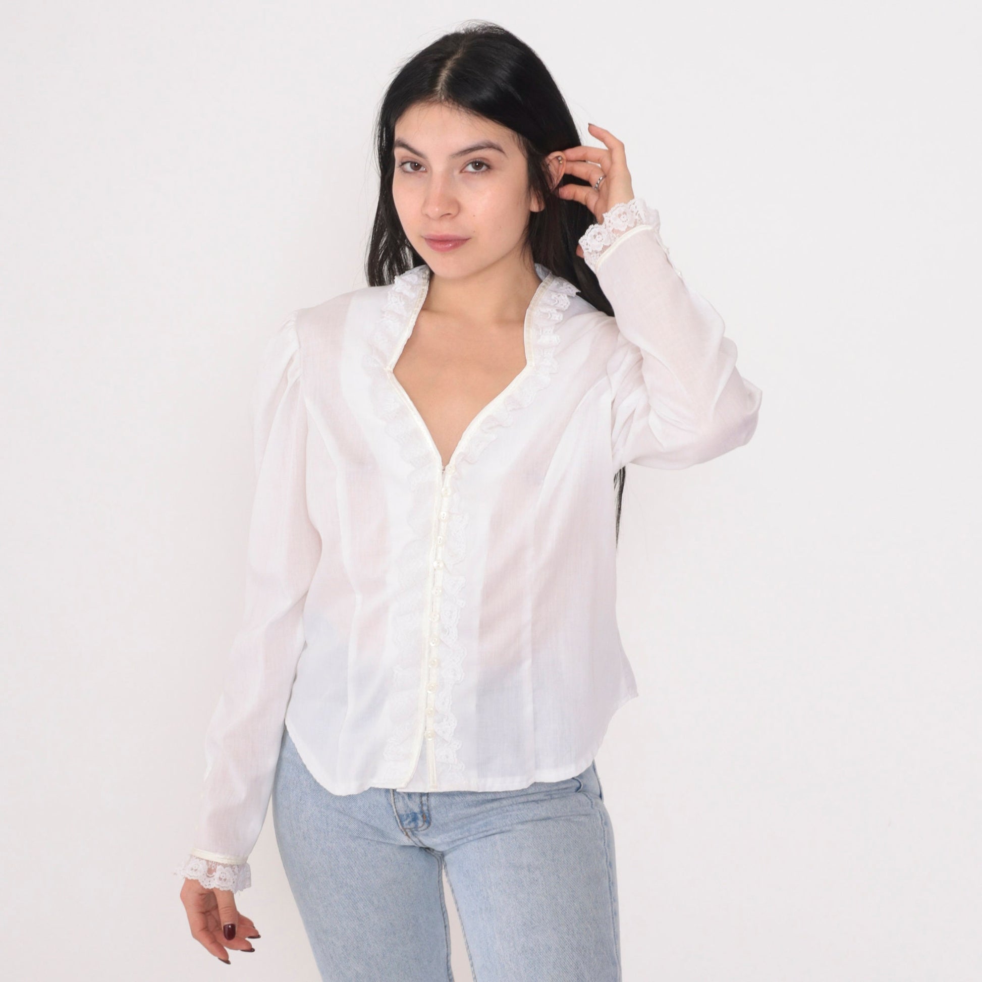 80s White Semi-Sheer Button-Up Blouse Lace Trim Puff Sleeve Medium