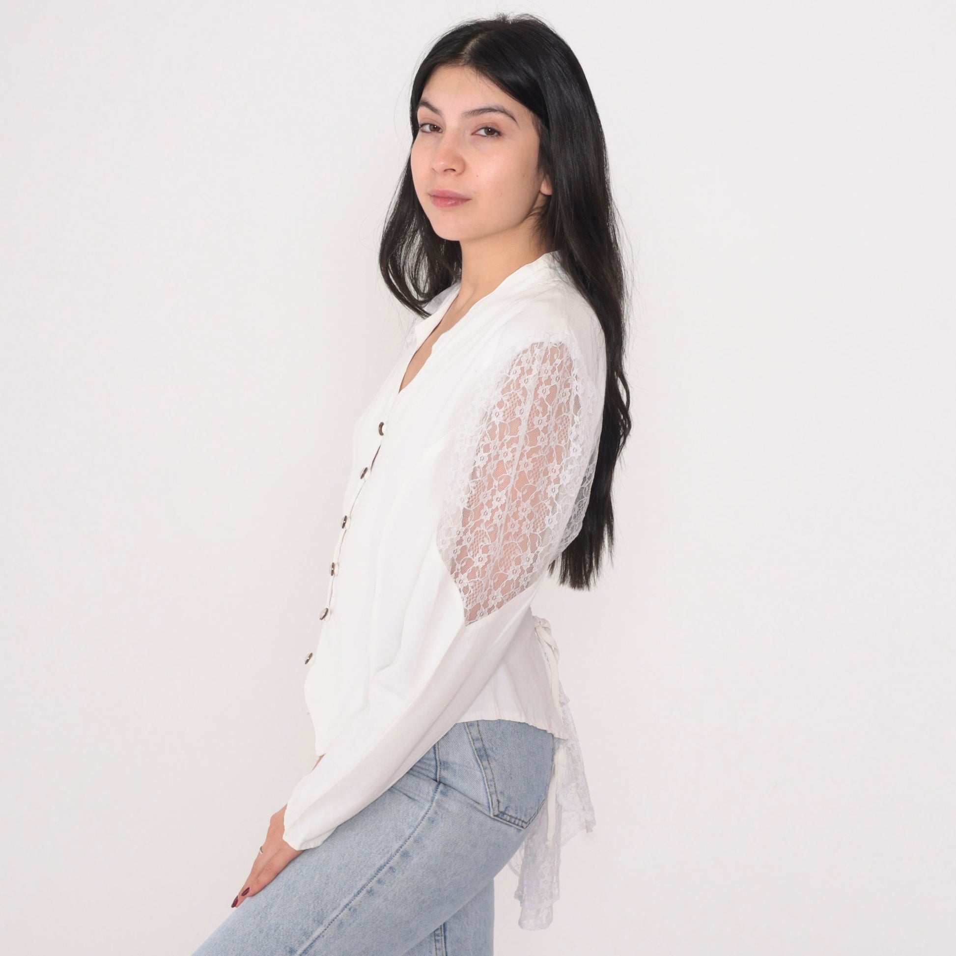 90s Vanity USA White Lace Blouse Puff Sleeve Button Up Small S