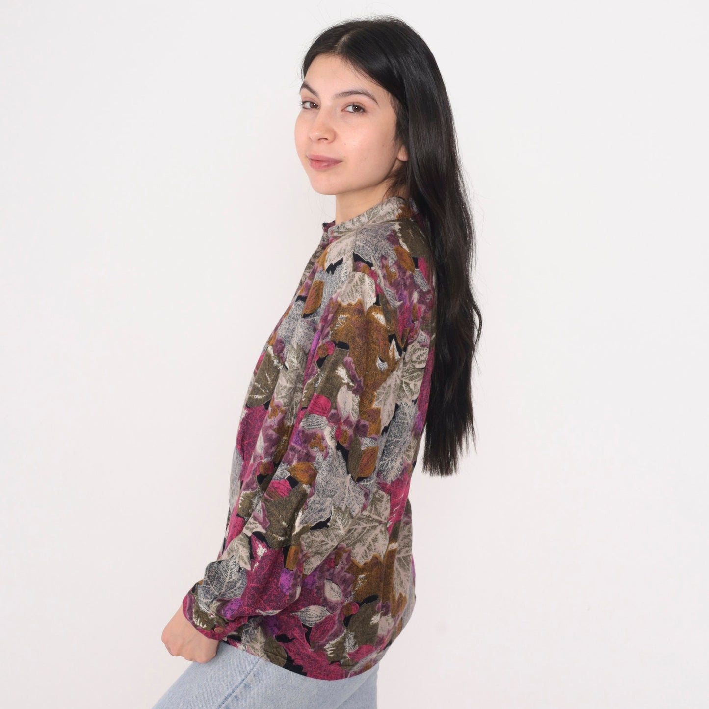 90s Dudwell Leaf Print Button-Up Blouse Long Sleeve Multicolor Large L