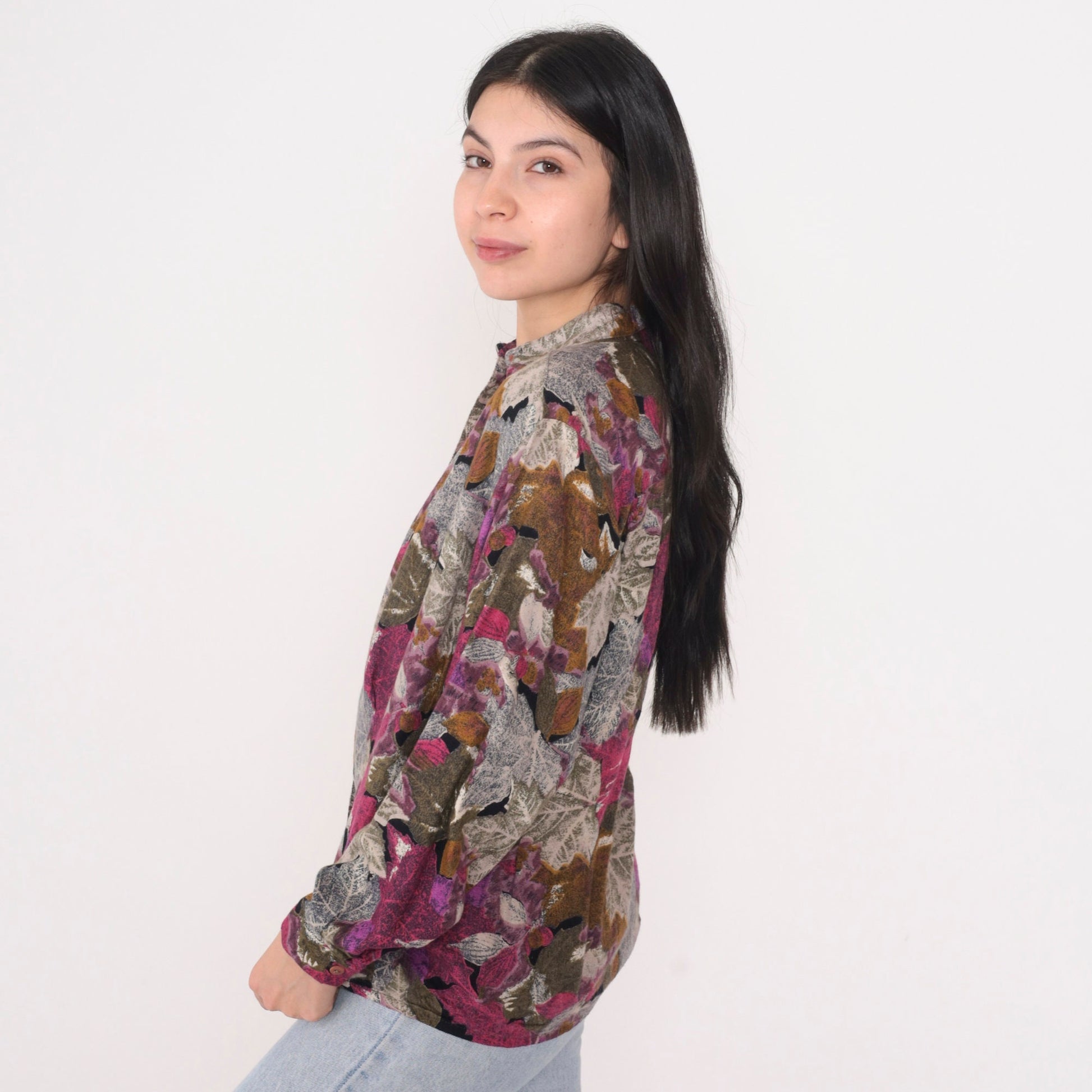 90s Dudwell Leaf Print Button-Up Blouse Long Sleeve Multicolor Large L