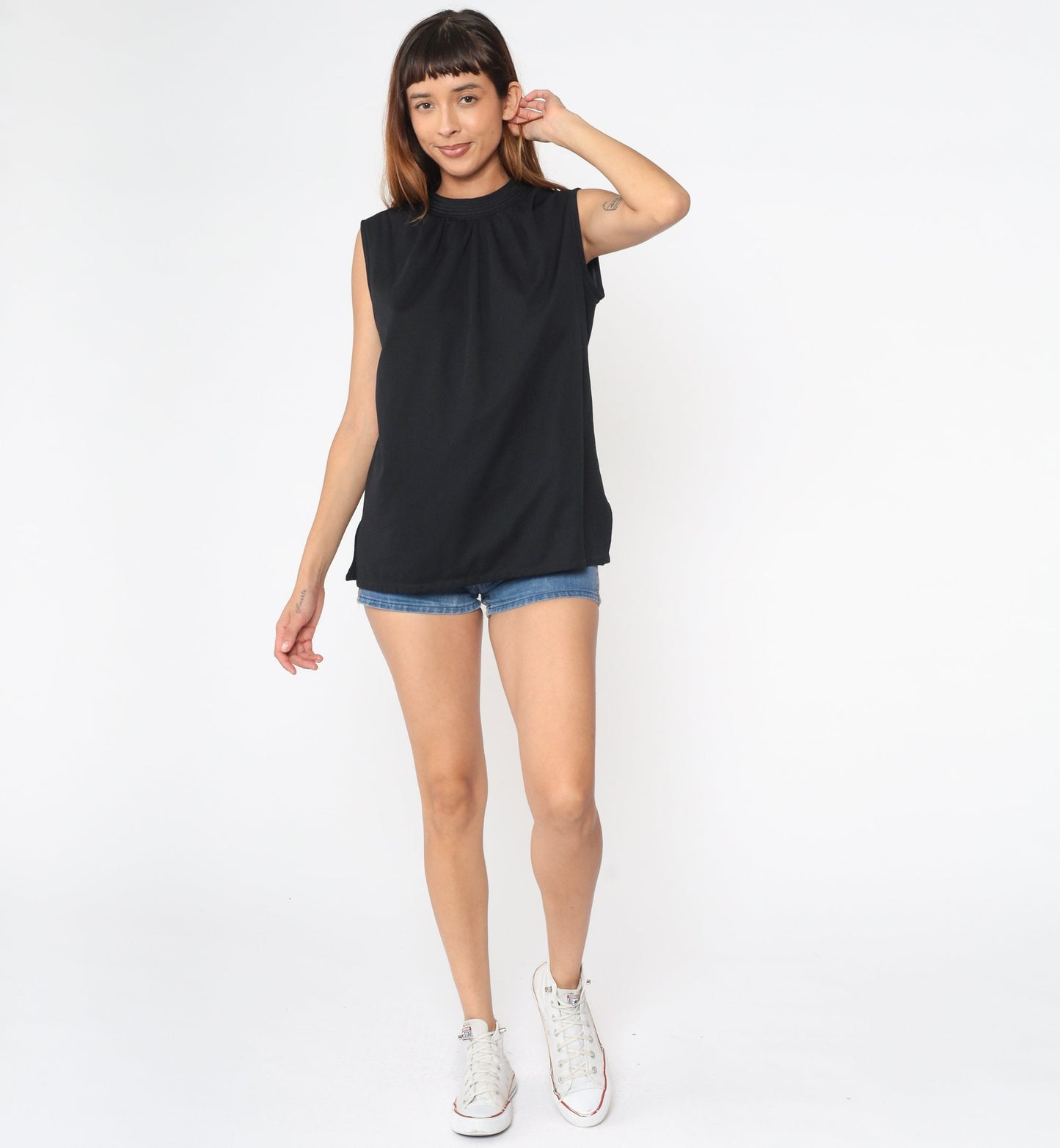 70s Black Draped Tank Top Sleeveless Blouse Topstitched Neckline Large L