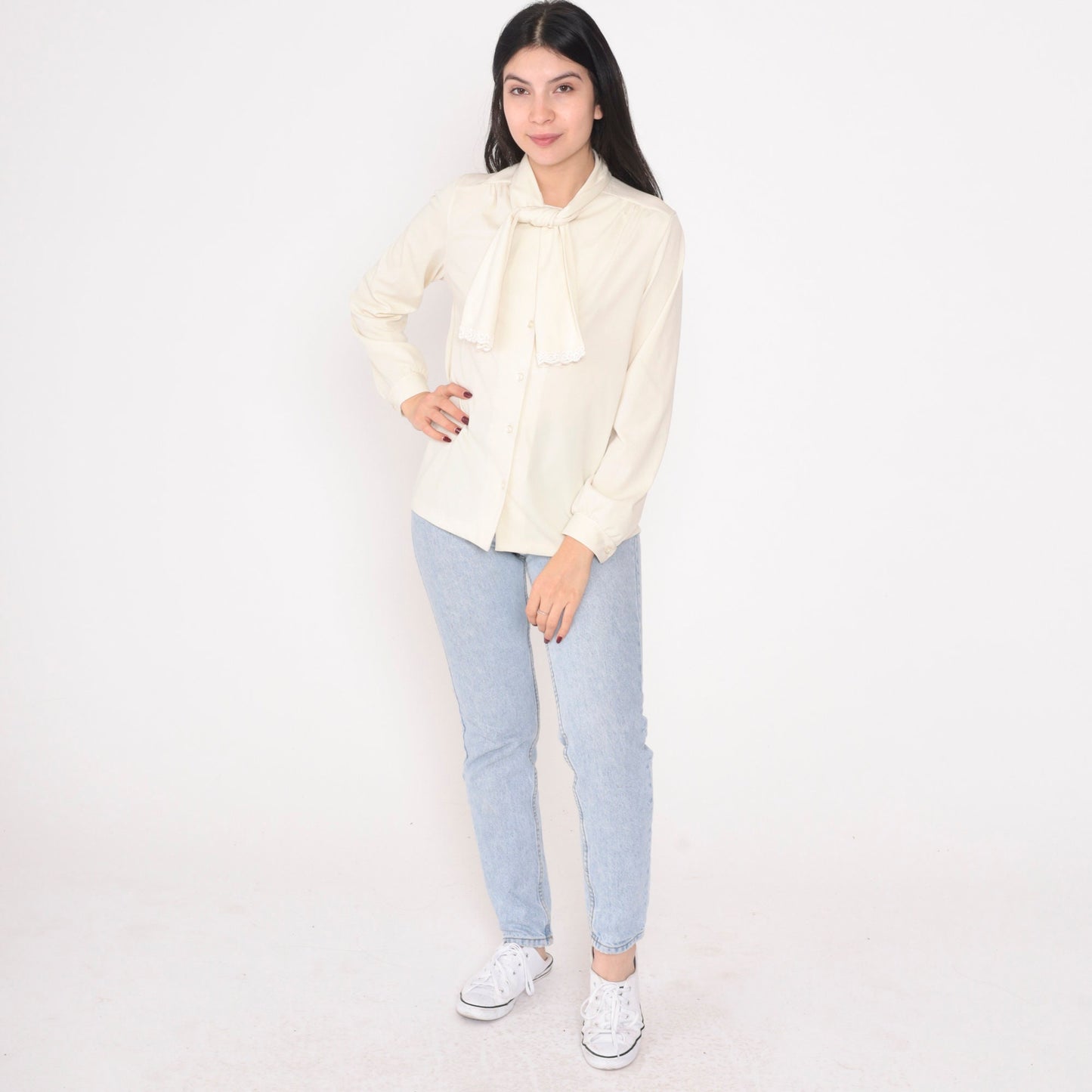 70s Cream Necktie Blouse Button Up Long Sleeve Lace Trim Small