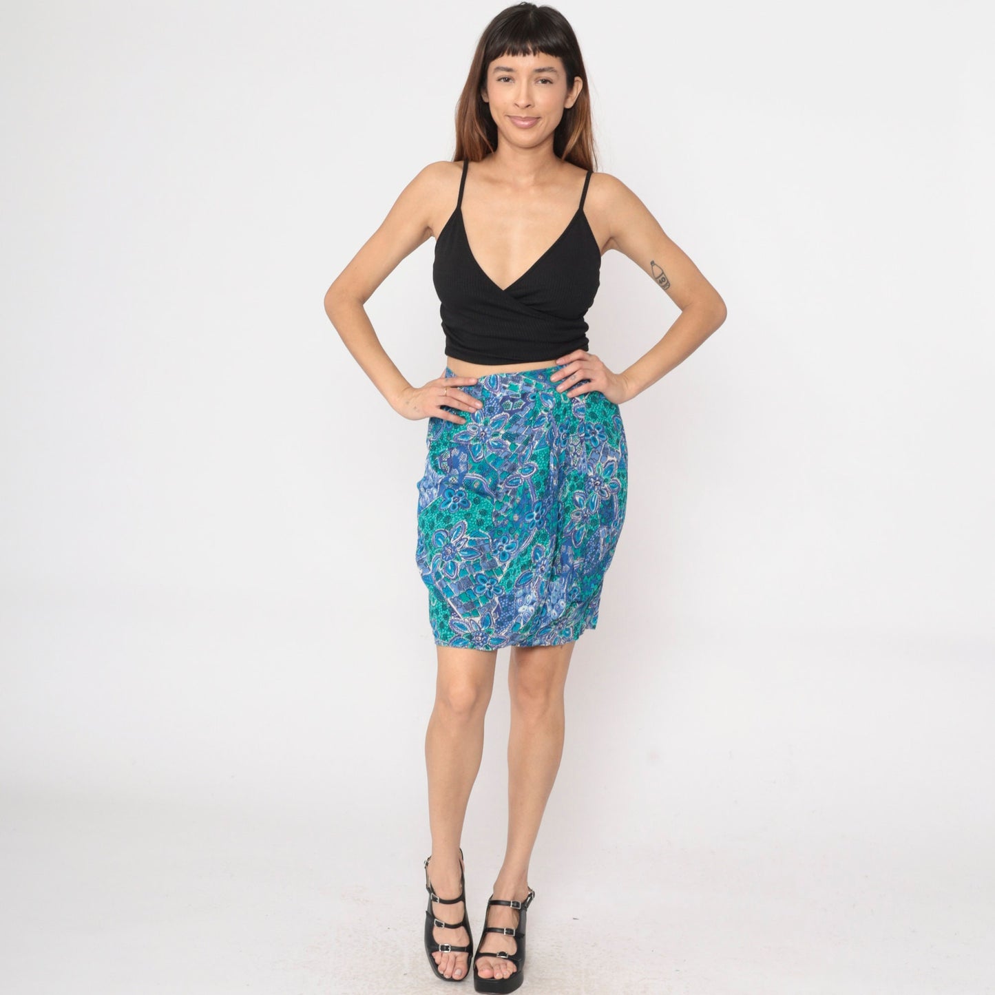 90s Floral Mini Skirt High Waist Faux Wrap Panel Rayon Small