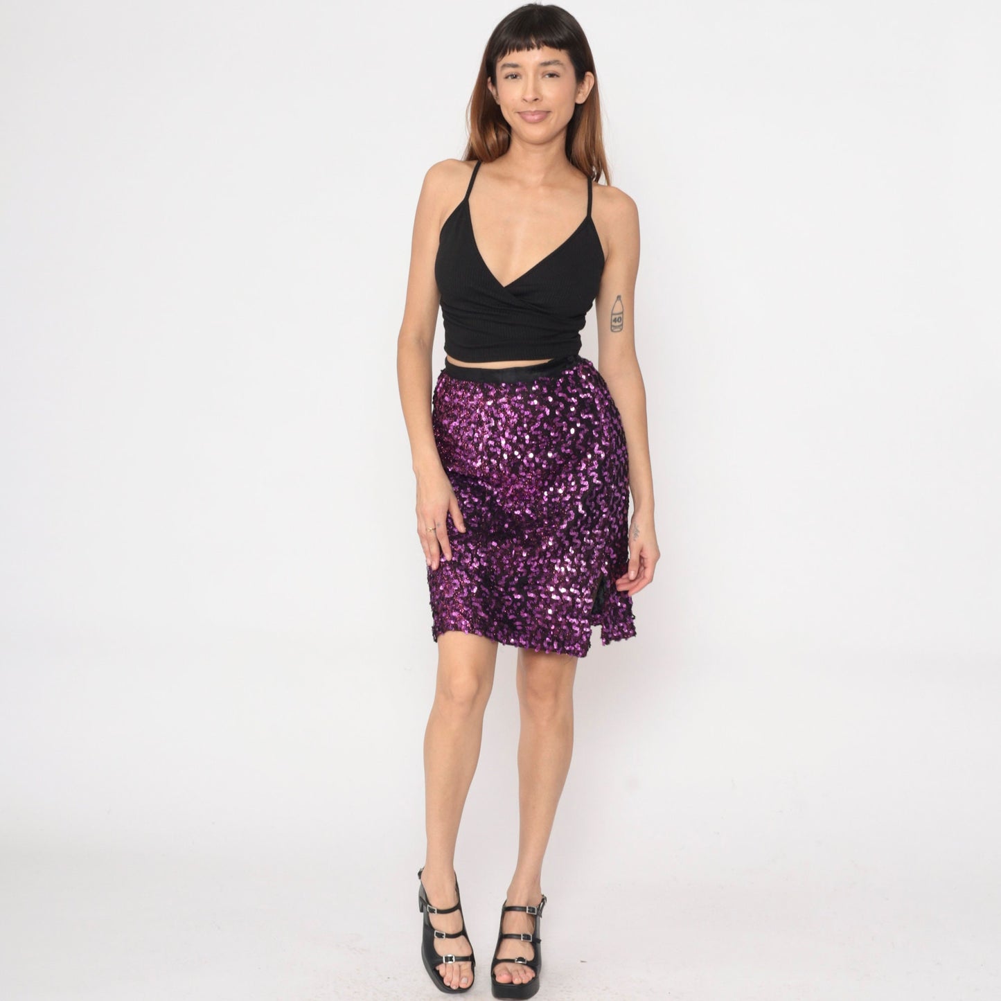 80s Purple Sequin Pencil Skirt High Waist Mini Slit Small S