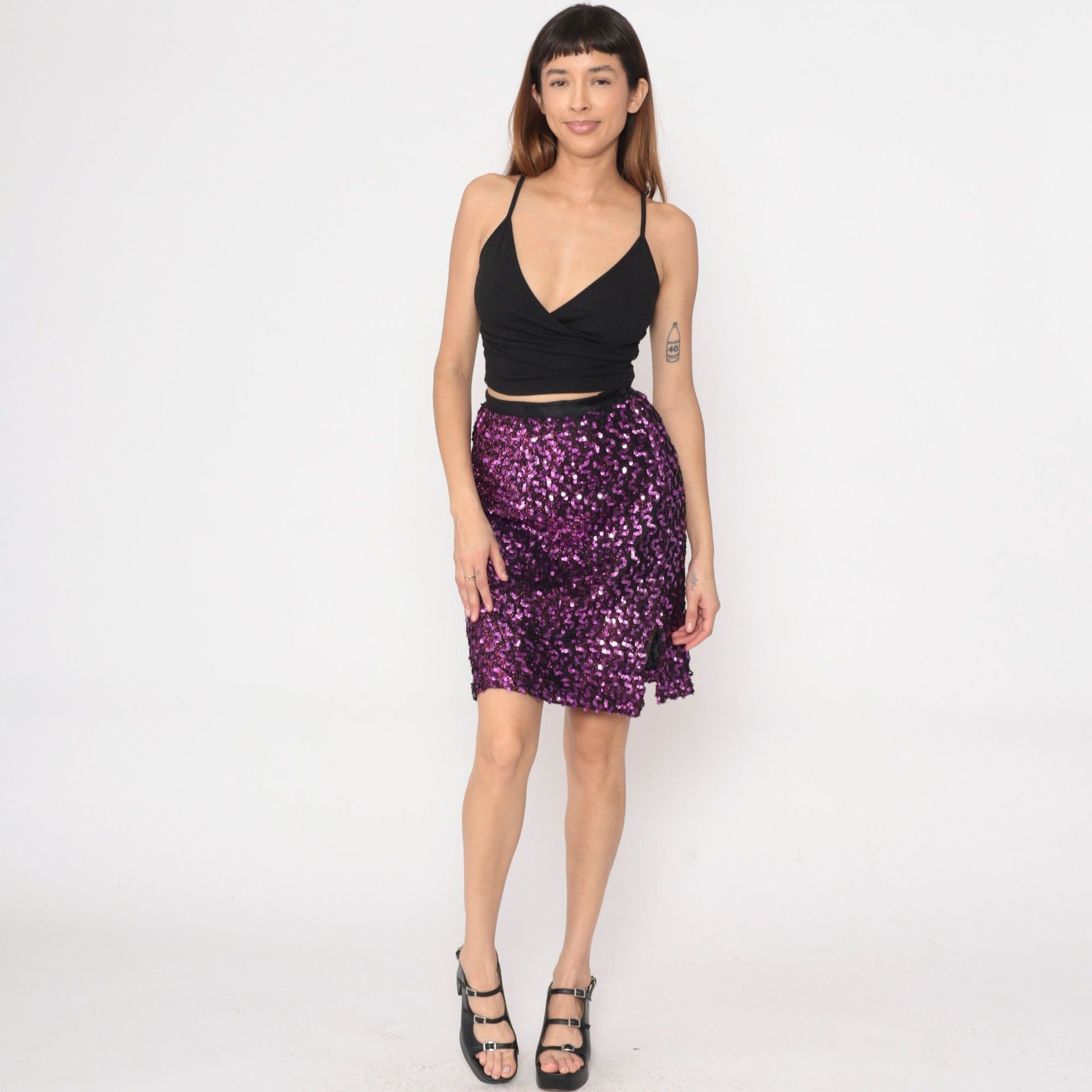 80s Purple Sequin Pencil Skirt High Waist Mini Slit Small S