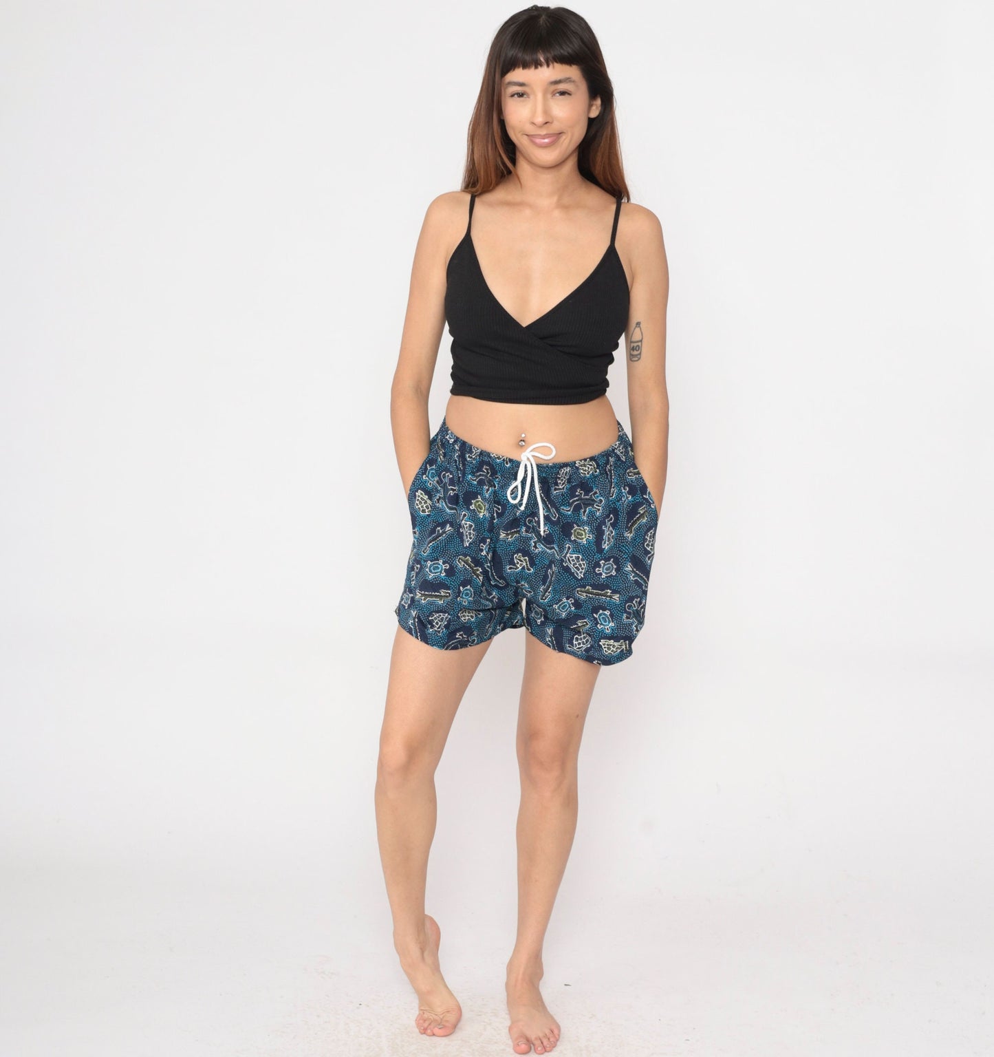 00s Turtle Alligator Print Swim Shorts Blue Elastic Waist Small