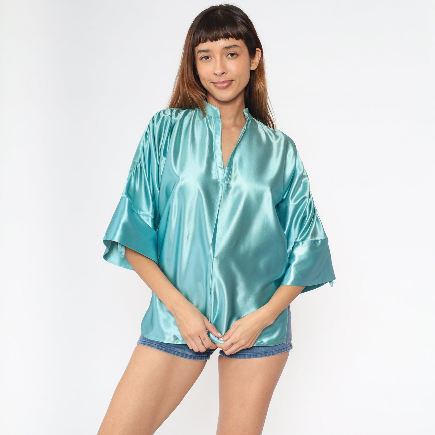 70s Jon Pier Shiny Blue Mandarin Collar Blouse V-Neck 3/4 Sleeve Small S