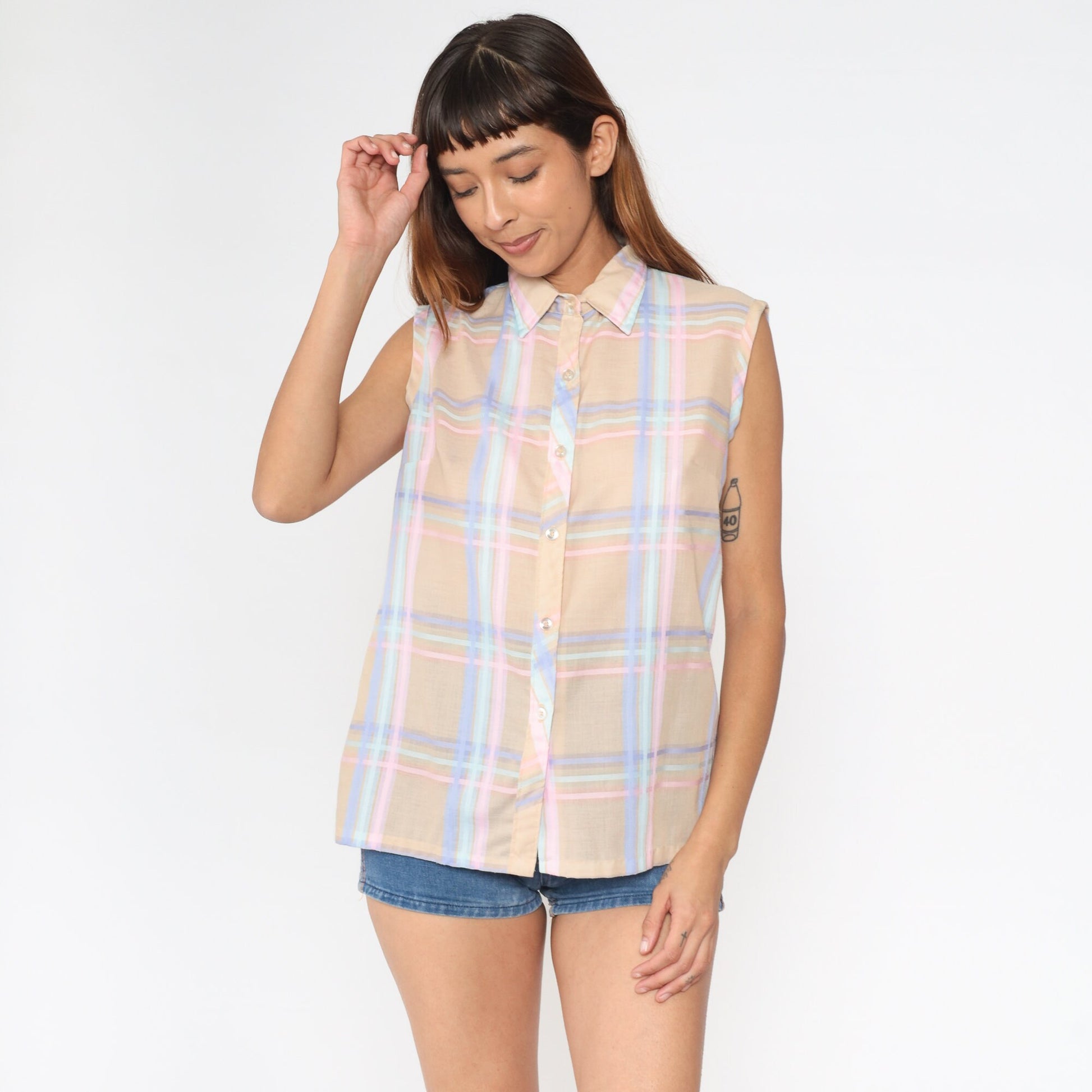 80s Plaid Button-Up Tank Top Tan Pink Lavender Checkered Blouse Medium