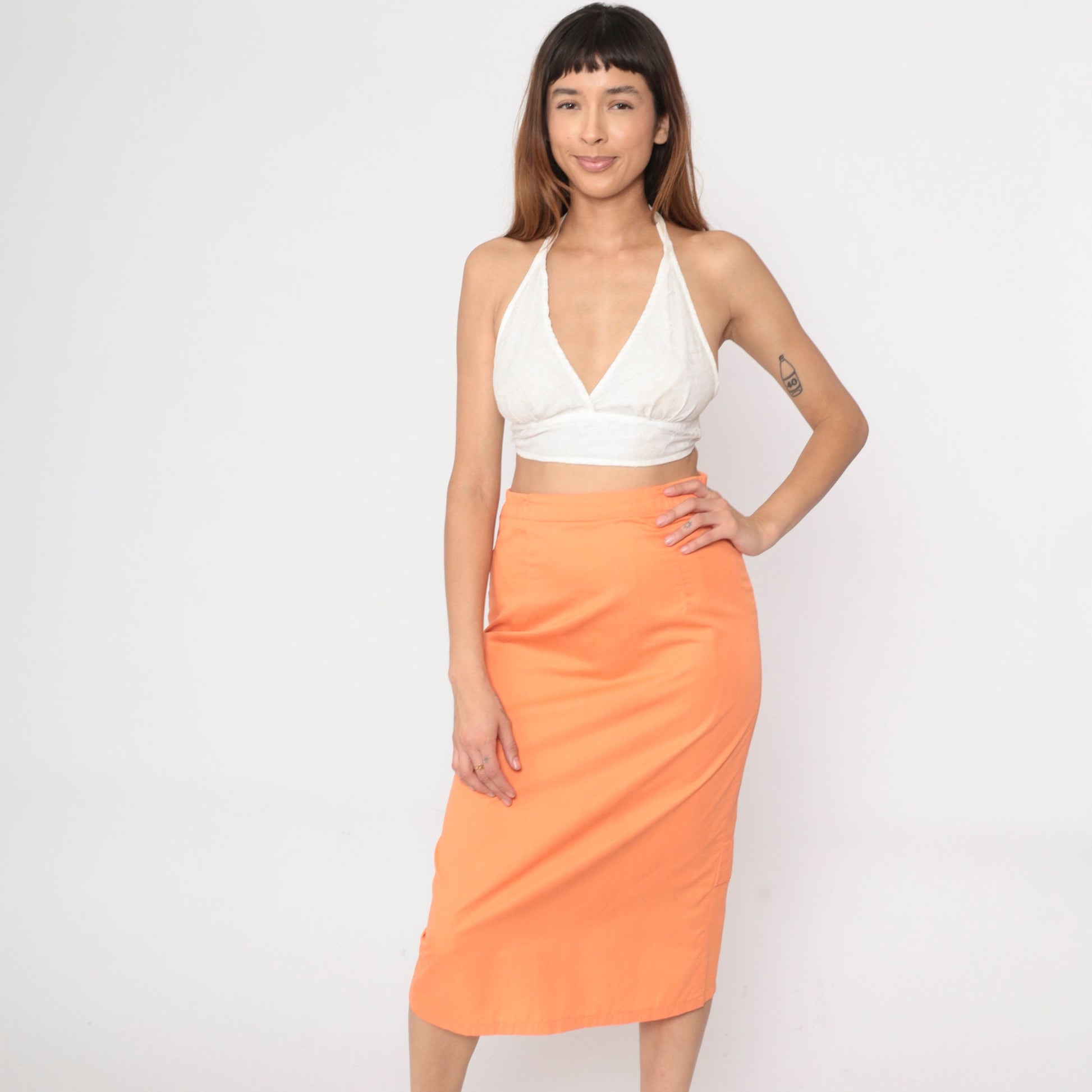 80s Orange Midi Pencil Skirt High Waist Kick Pleat Small