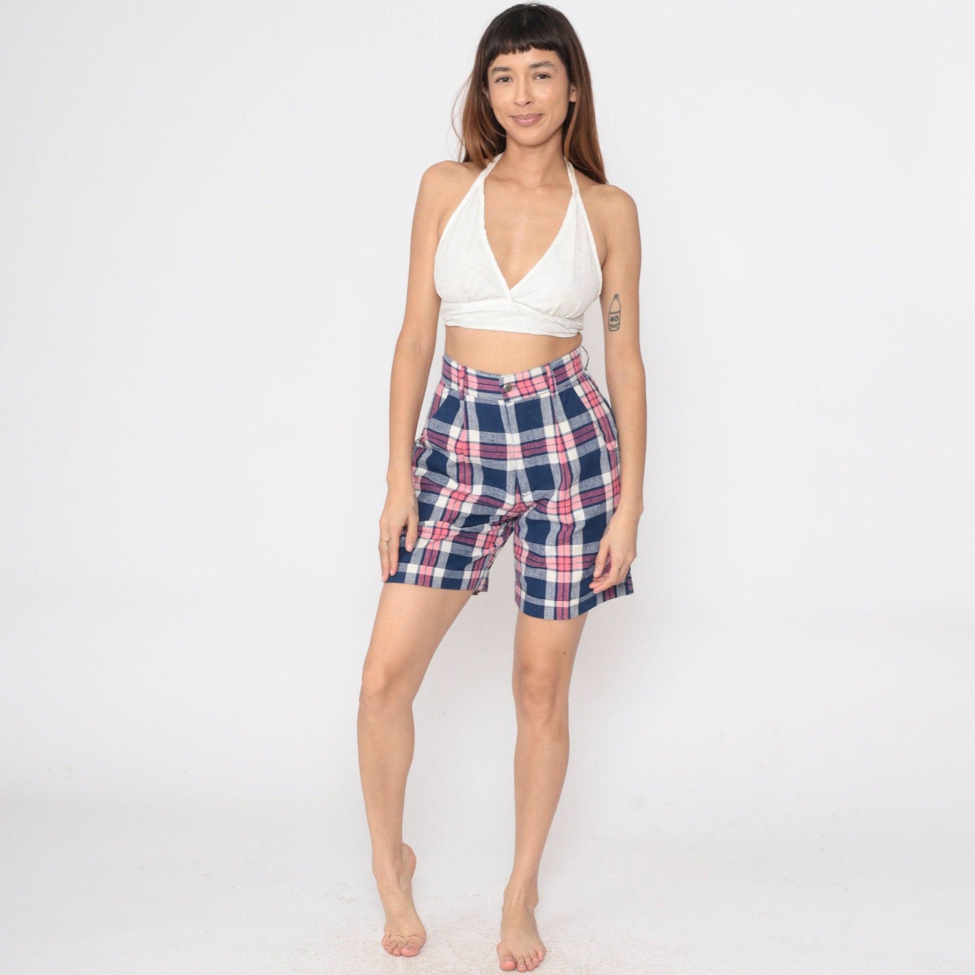 90s Dark Blue Pink Plaid High-Waisted Shorts Pleated Cotton Small