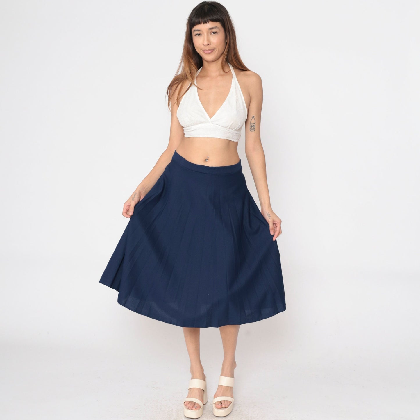 80s Navy Pleated Skirt High Waist Knee Length A-Line Large 14