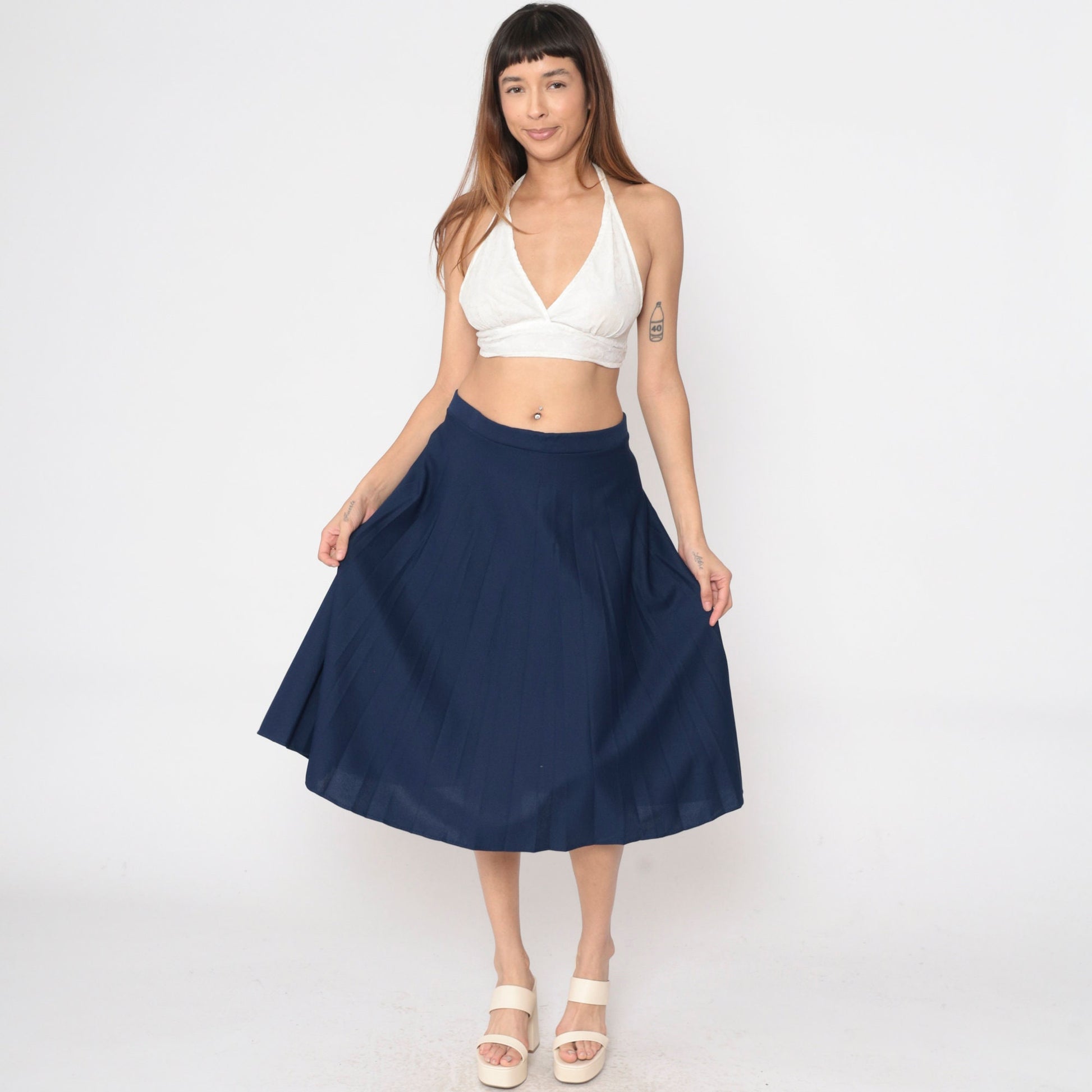 80s Navy Pleated Skirt High Waist Knee Length A-Line Large 14