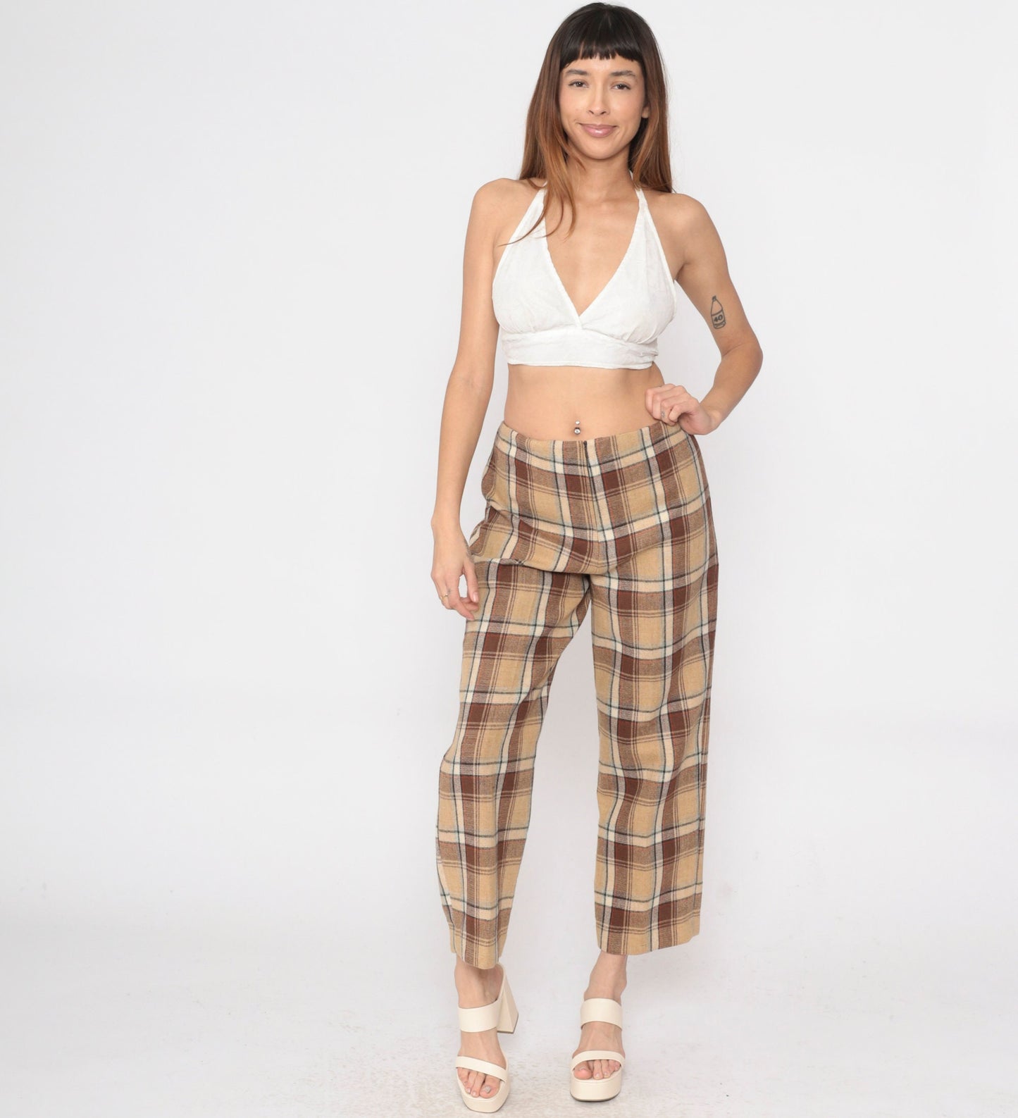 60s Tan Plaid Wool Trousers High Waisted Straight Leg Large L