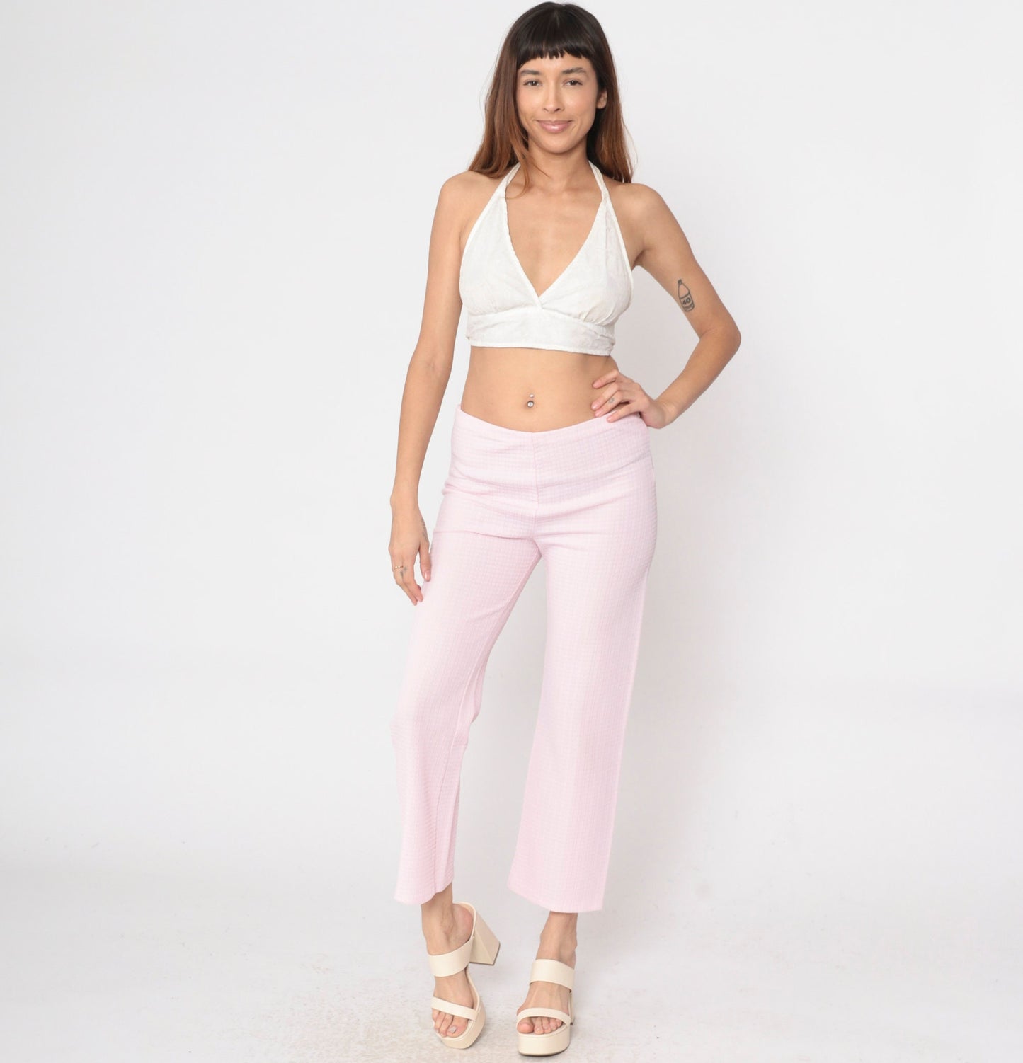 70s Baby Pink Flared Trousers High Waist Embossed Checkered Texture Large