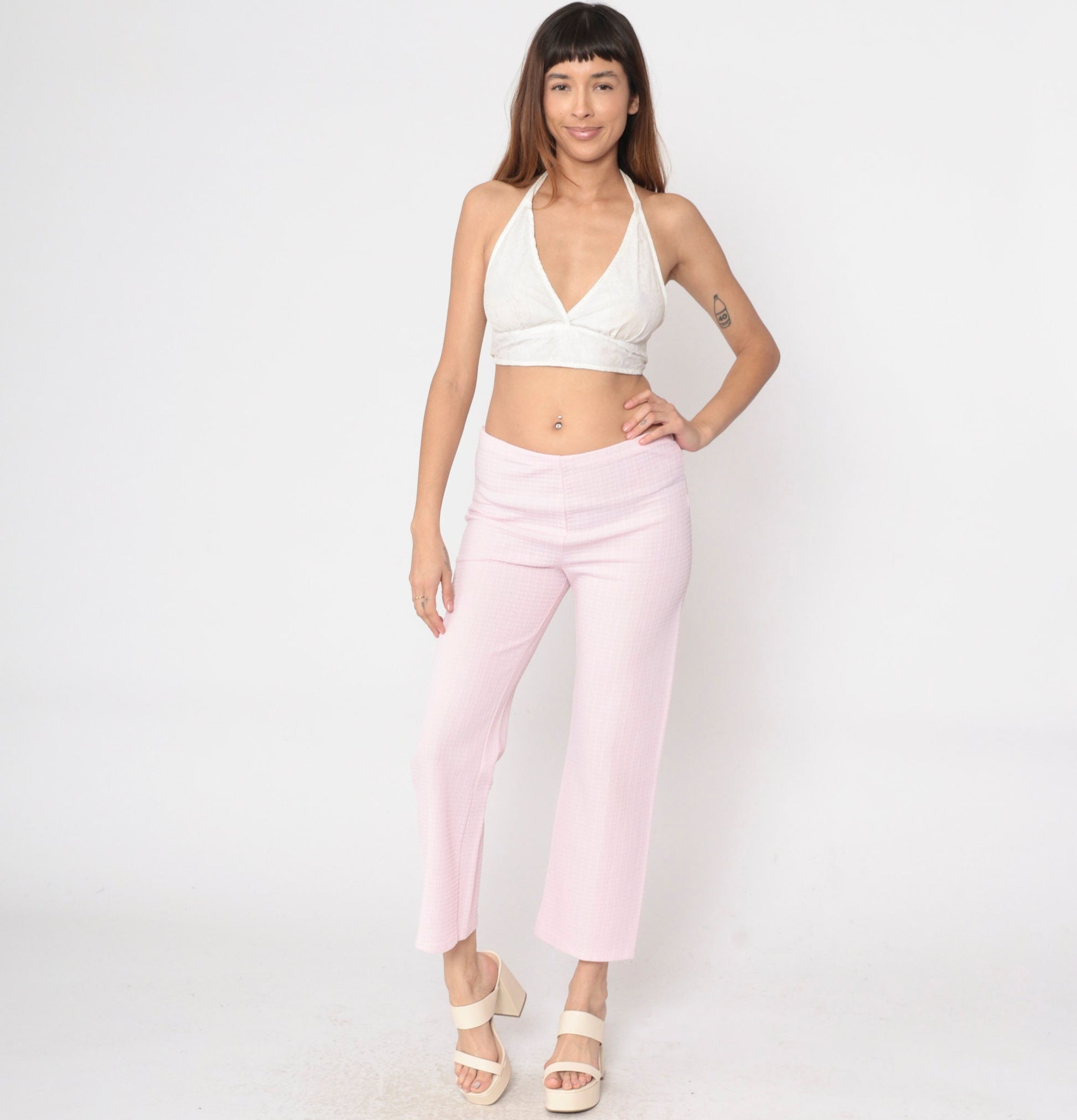 70s Baby Pink Flared Trousers High Waist Embossed Checkered Texture Large