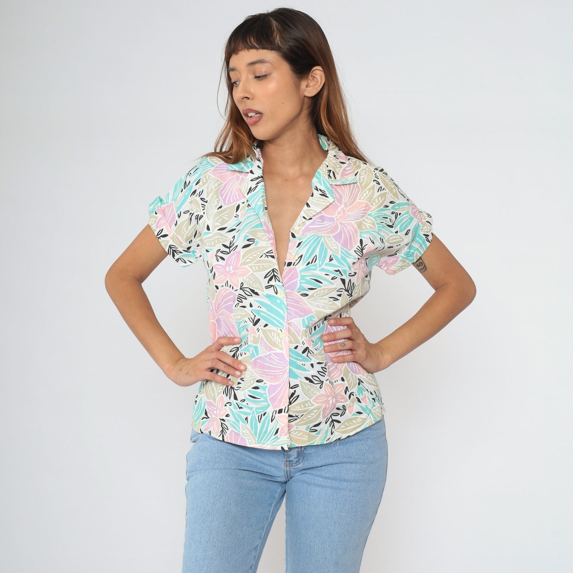 80s Giovelli Tropical Floral Button-Up Blouse Pastel Turquoise Pink Cap Sleeve Small