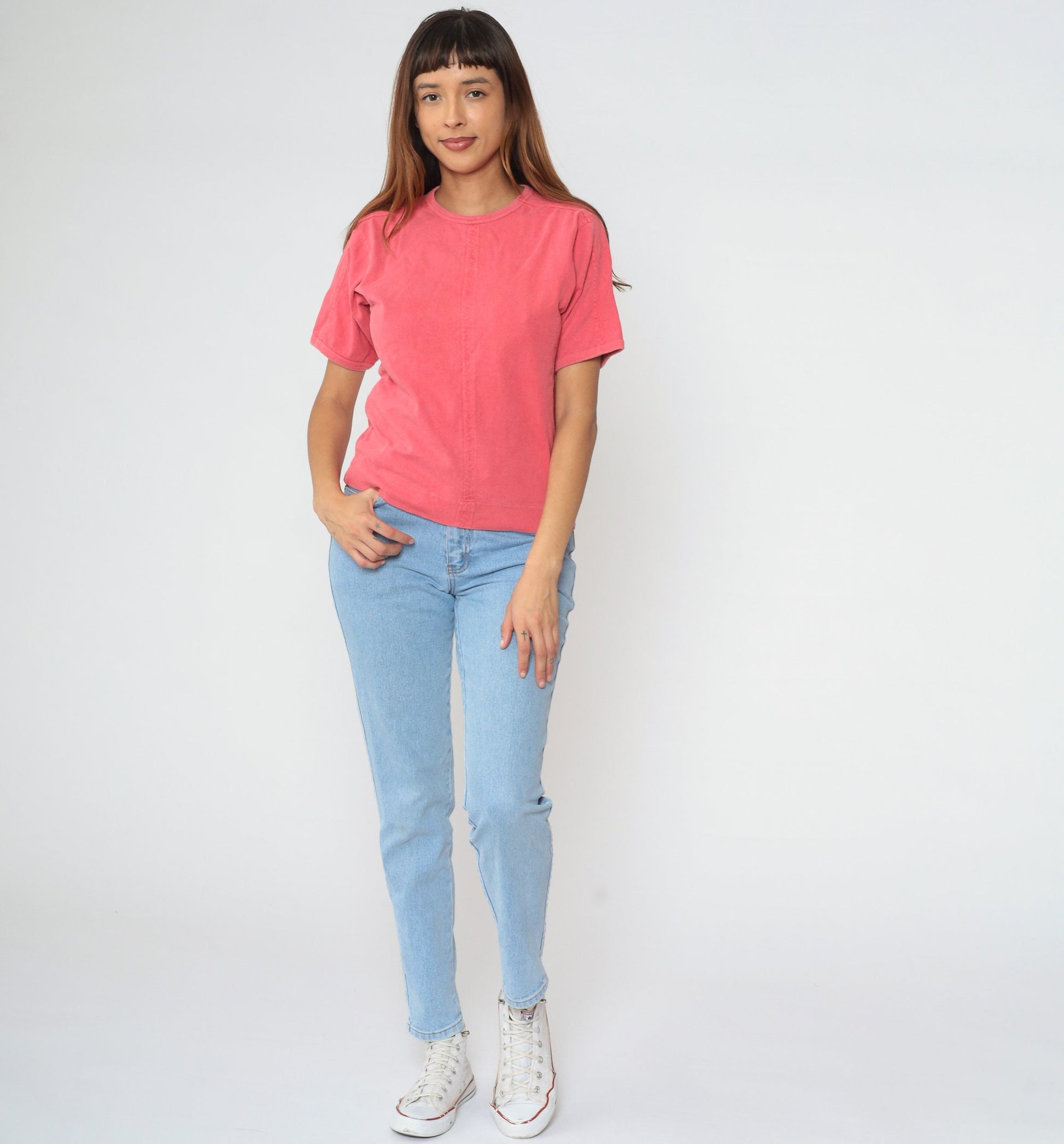 90s Coral Pink Crewneck T-Shirt Plain Tee Small S