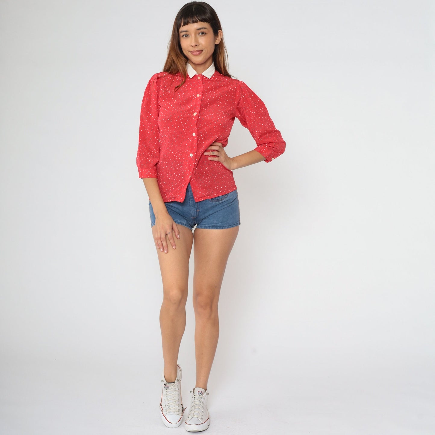 80s Red Polka Dot Puff Sleeve Blouse White Collar Button Up Extra Small