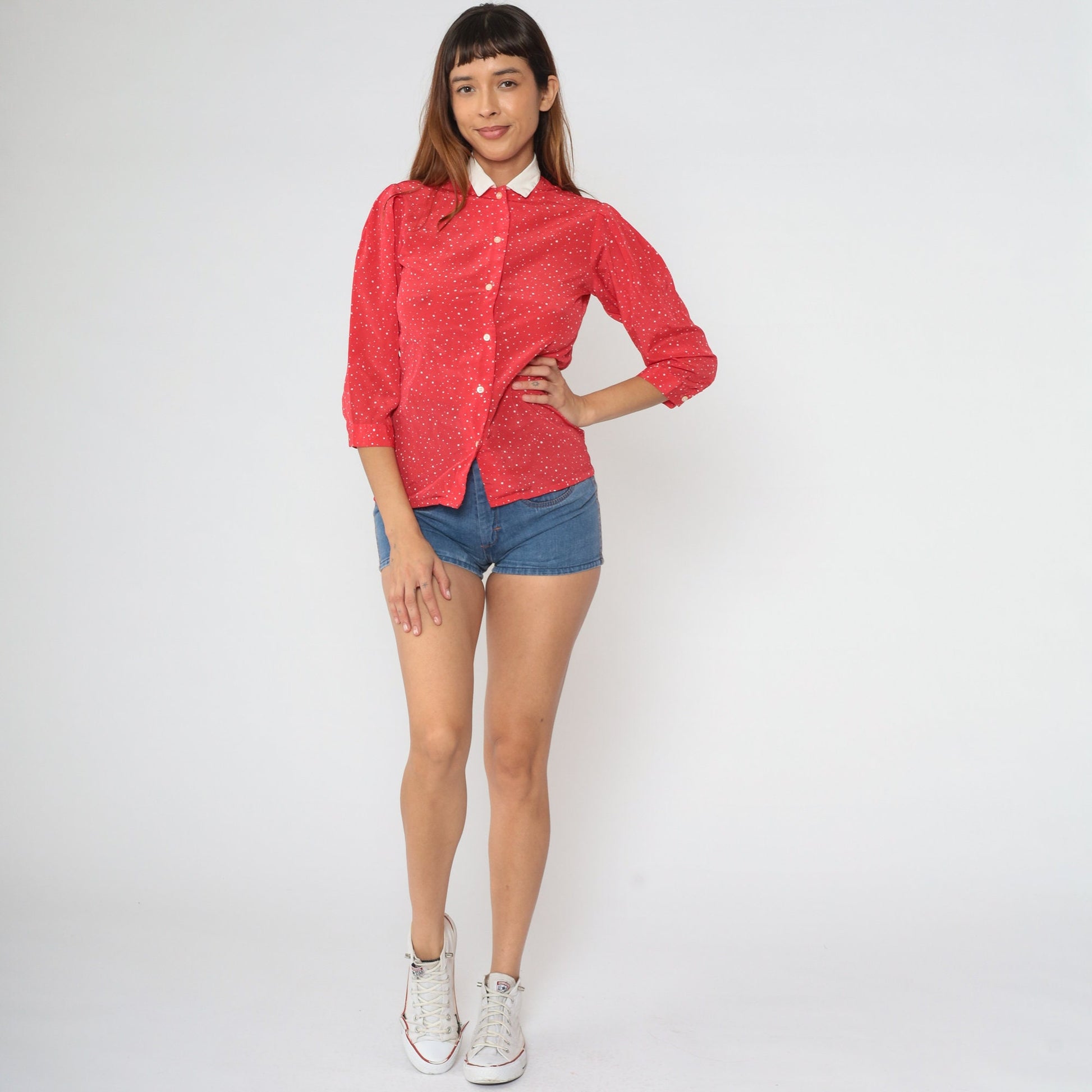 80s Red Polka Dot Puff Sleeve Blouse White Collar Button Up Extra Small