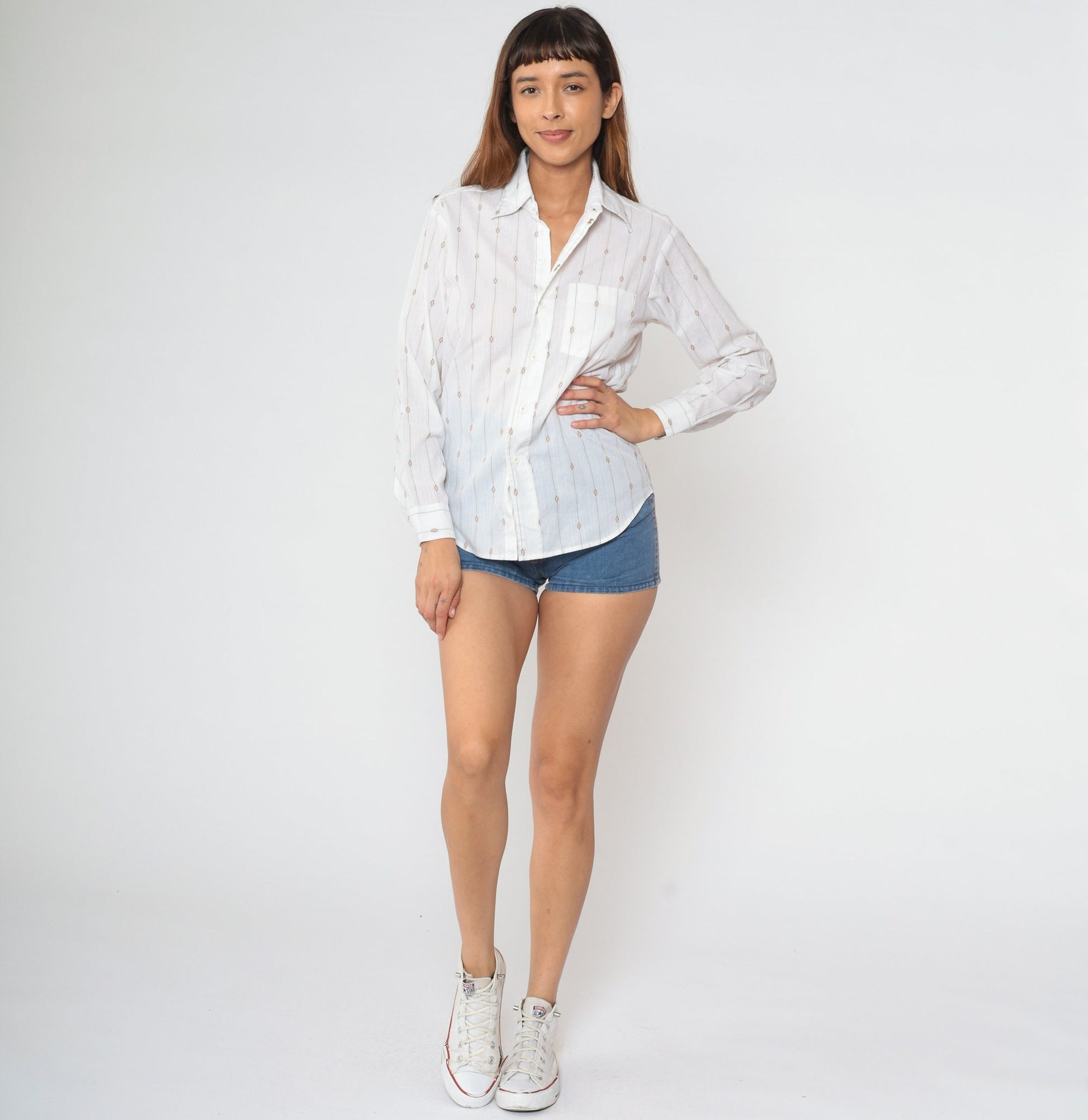 70s White Pinstriped Oxford Button-Up Shirt Dagger Collar Long Sleeve Small