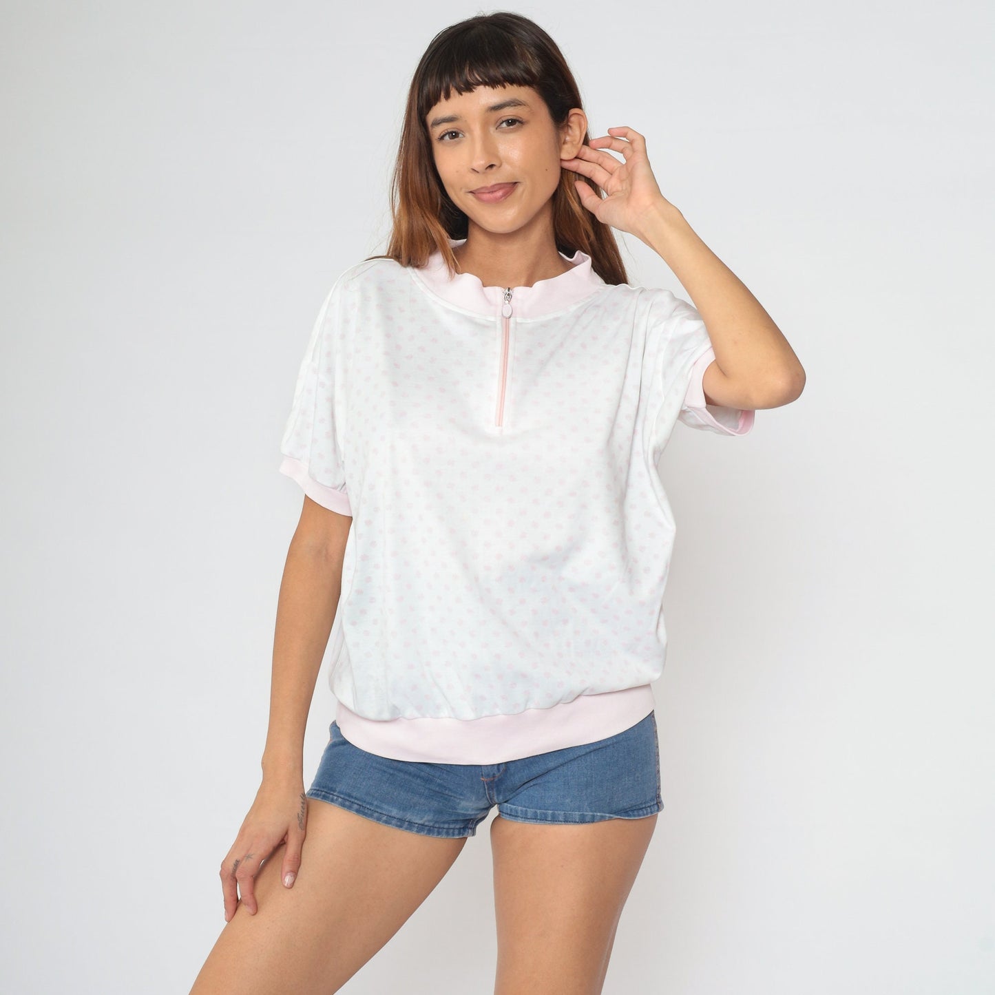90s White Pink Polka Dot Quarter Zip Short Sleeve Shirt Large L