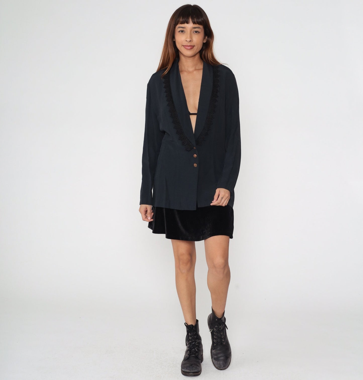 90s Black Blazer Jacket Lace Trim Deep V Neck Button Up Medium M