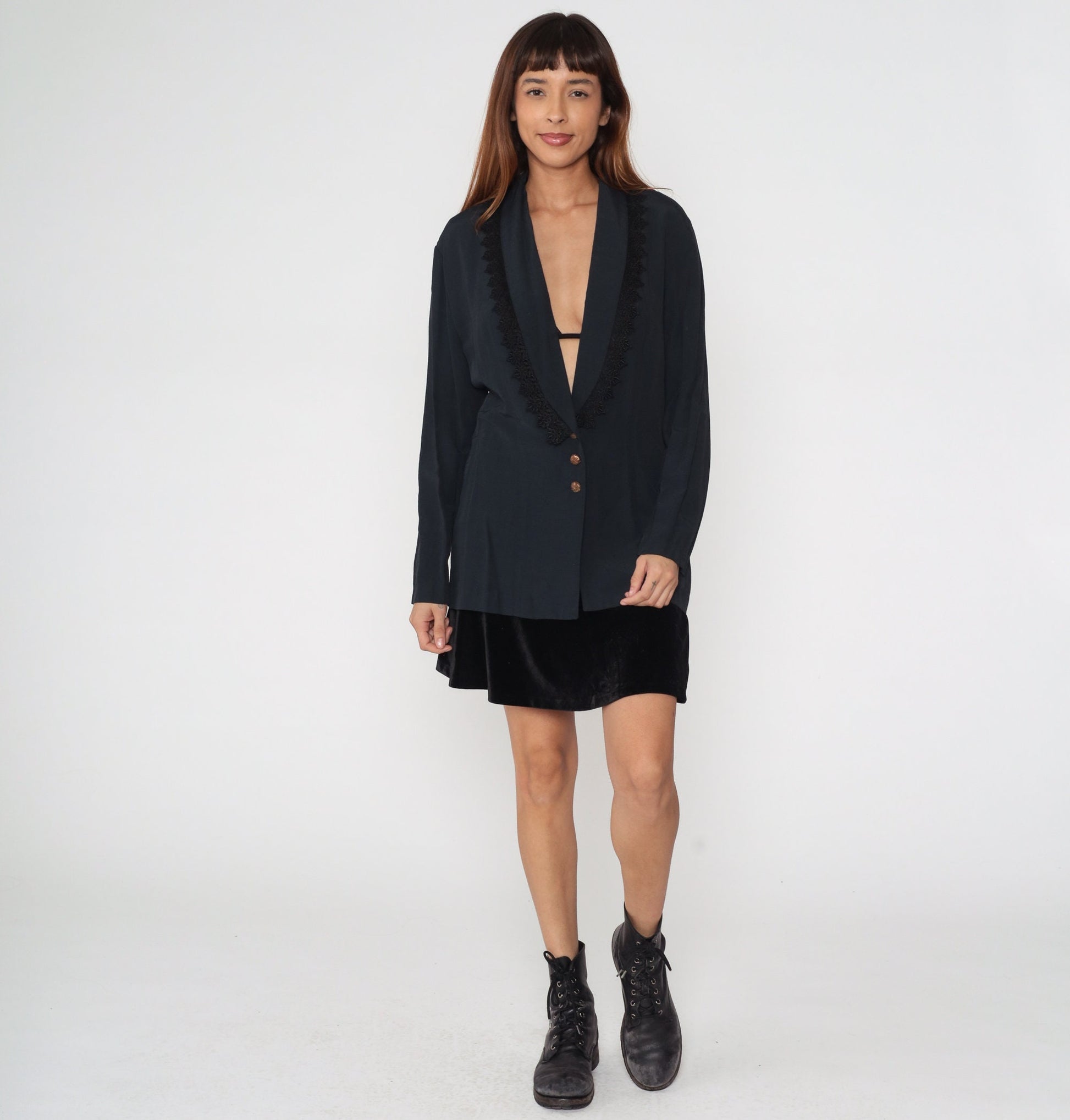 90s Black Blazer Jacket Lace Trim Deep V Neck Button Up Medium M