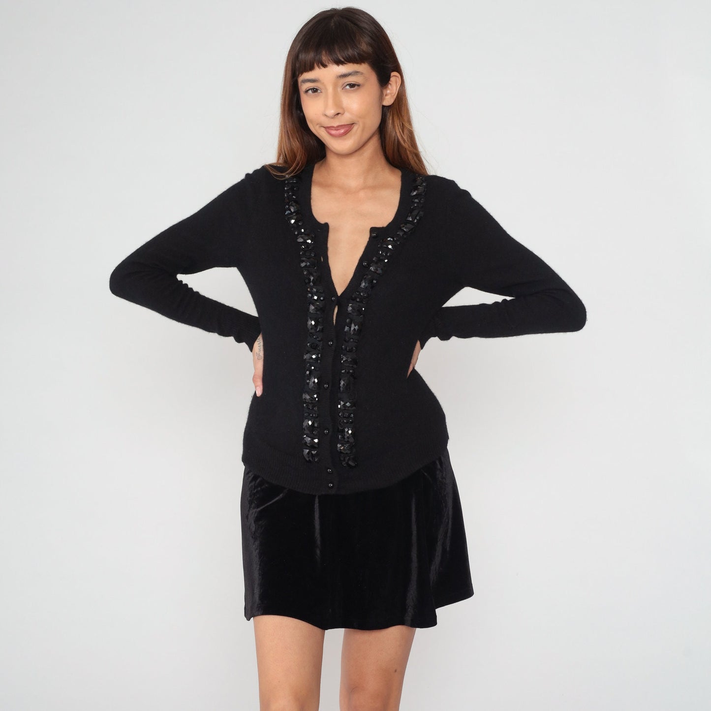 Y2K Black Cashmere Cardigan Rhinestone Beaded Button-Up Sweater Medium M