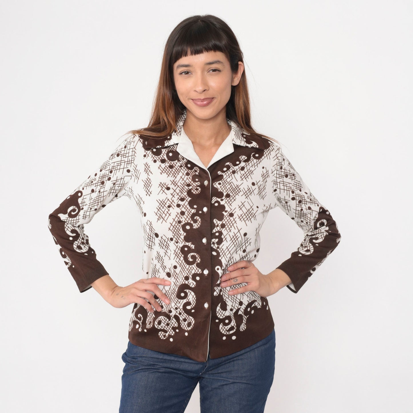 70s Swirl Print Button Up Shirt Brown White Abstract Plaid Dagger Collar Small