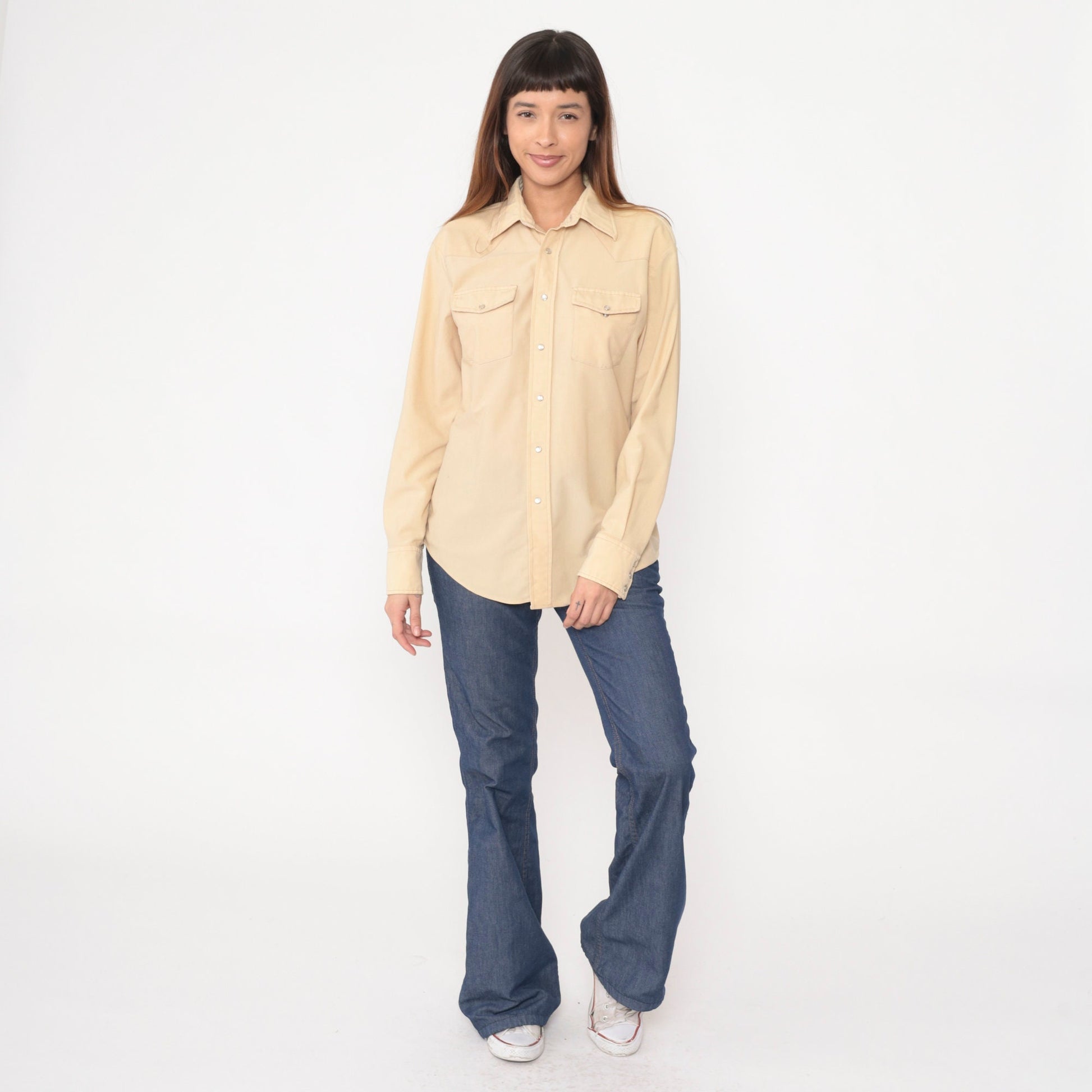 70s Western Pearl Snap Shirt Cream Ribbed Long Sleeve Large L