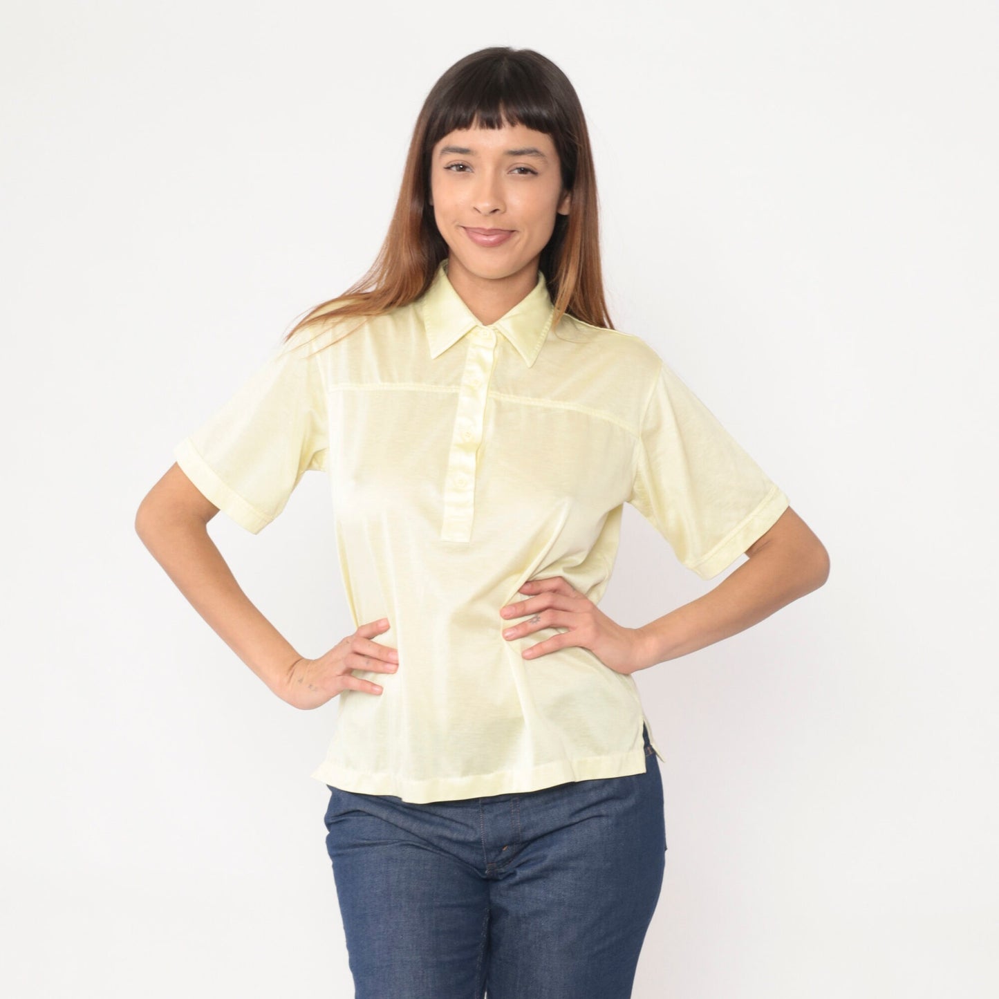 80s Yellow Polo Shirt Light Pastel Button-Up Collared Tee Medium