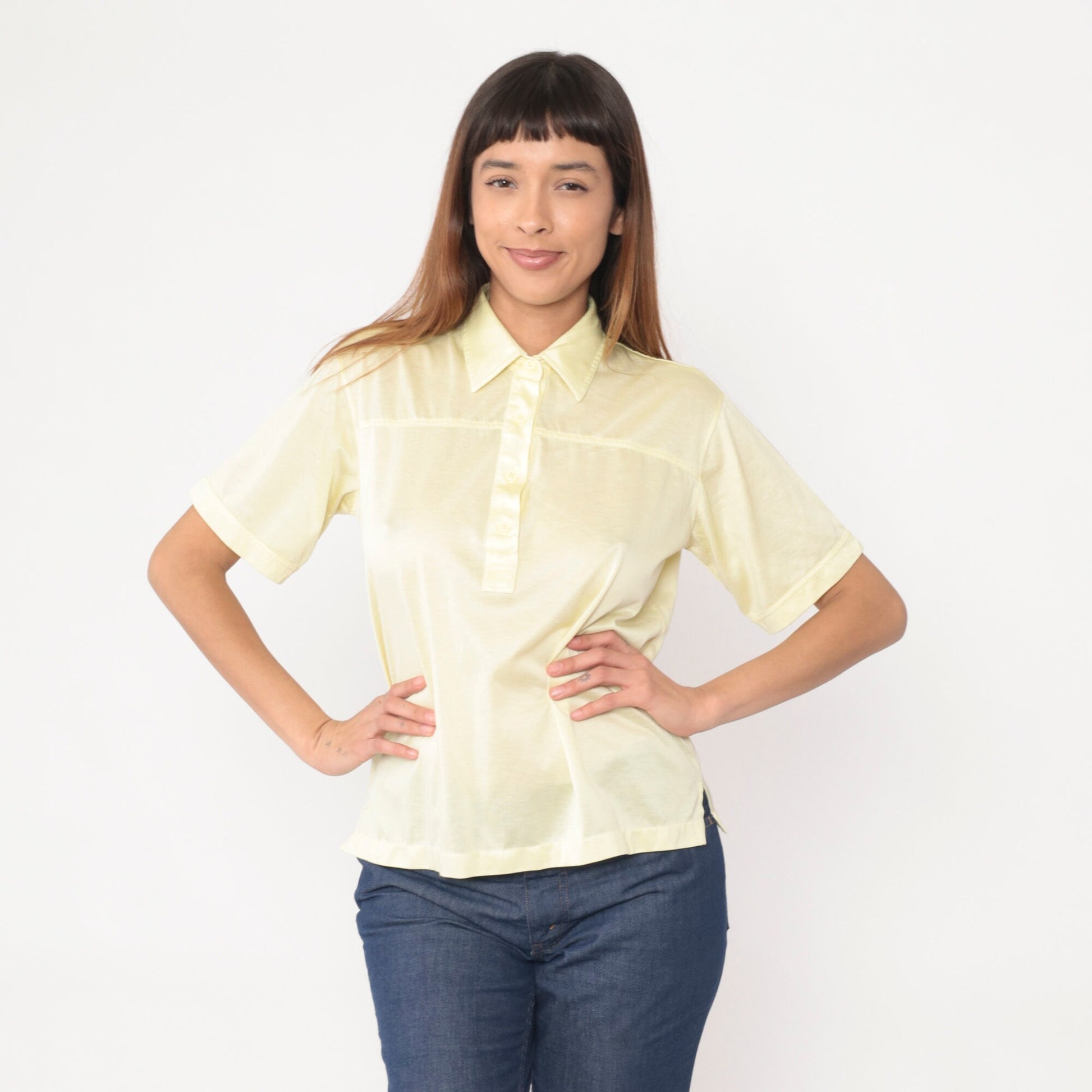 80s Yellow Polo Shirt Light Pastel Button-Up Collared Tee Medium