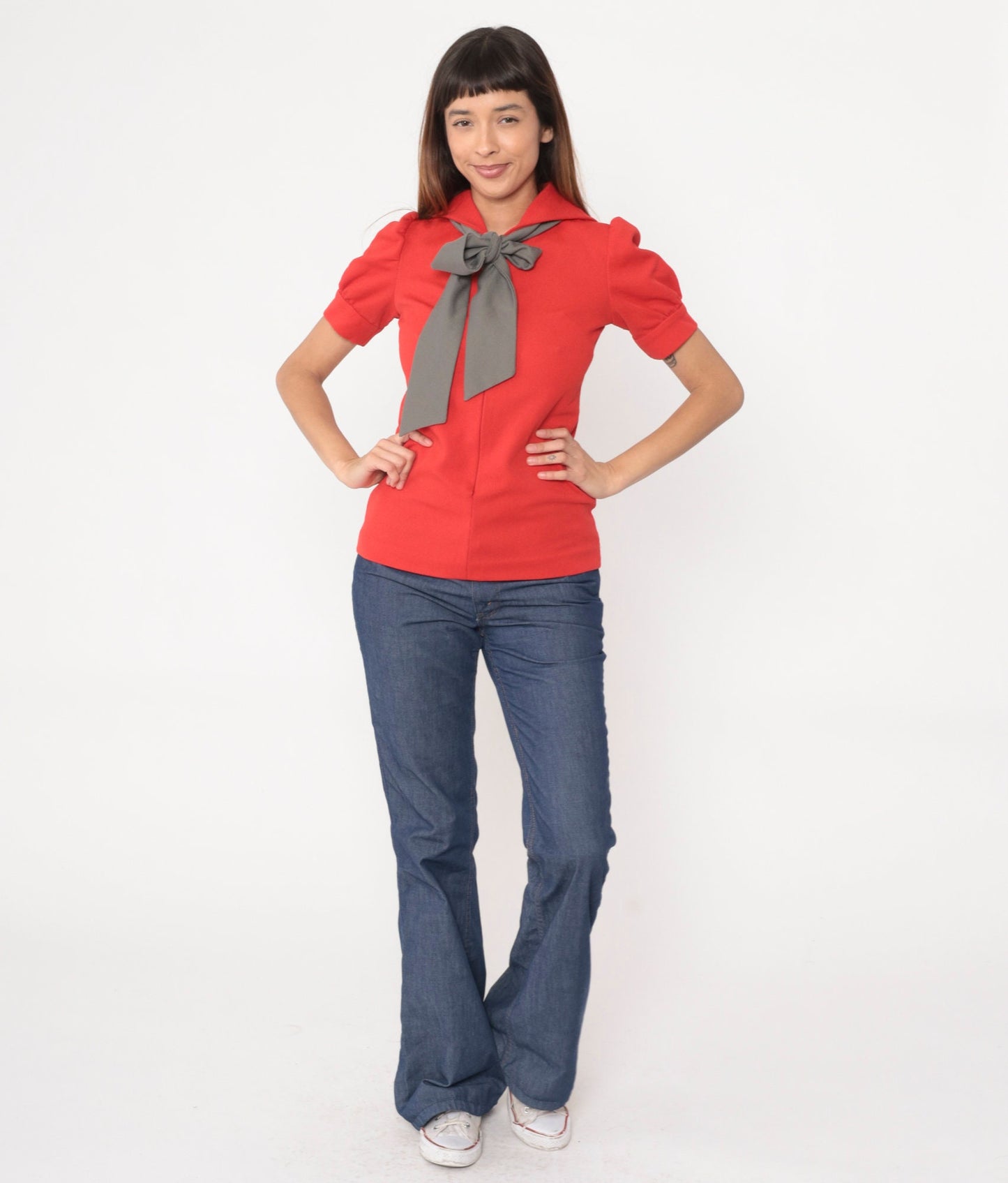 70s Red Sailor Collar Blouse Grey Ascot Puff Sleeve Front Zip Small