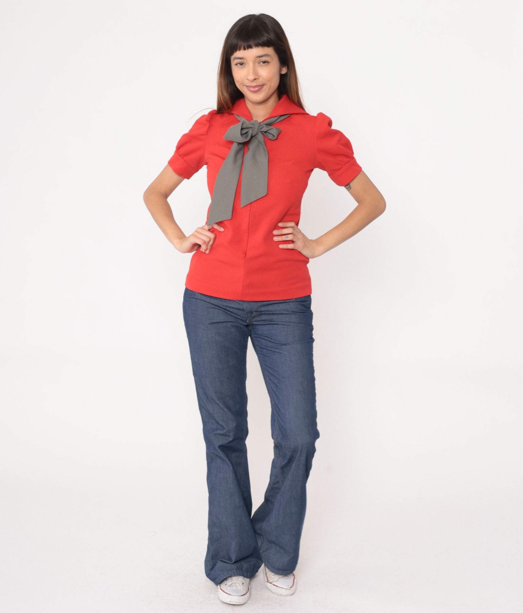 70s Red Sailor Collar Blouse Grey Ascot Puff Sleeve Front Zip Small